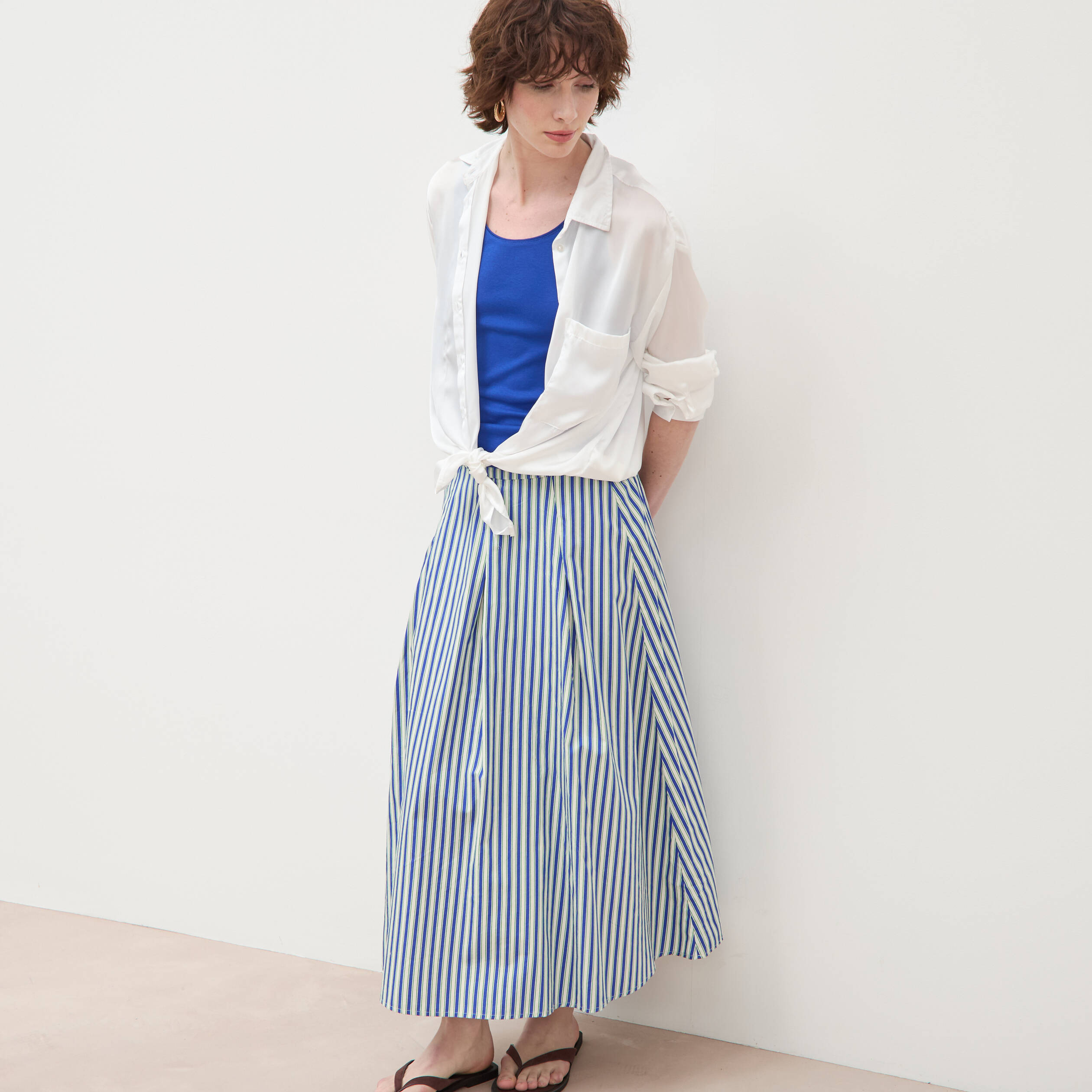 Jupe longue &eacute;vas&eacute;e en coton ray&eacute; bleu femme