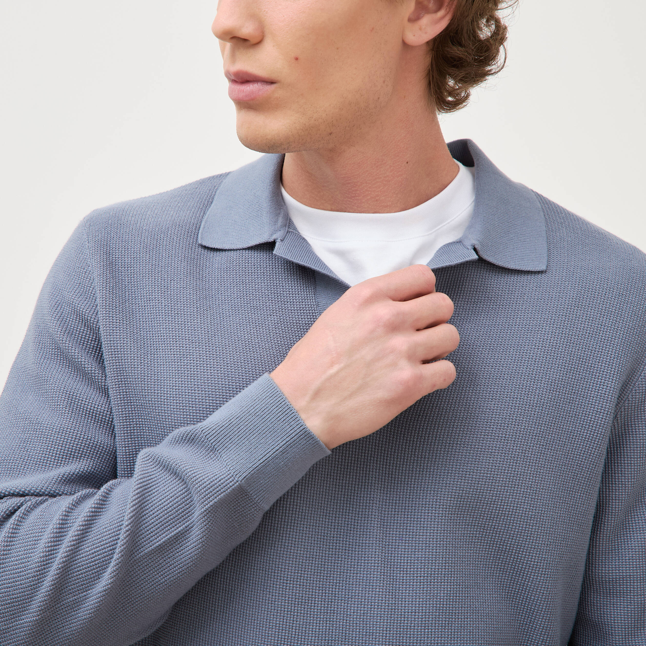 Pull droit col polo manches longues bleu gris homme
