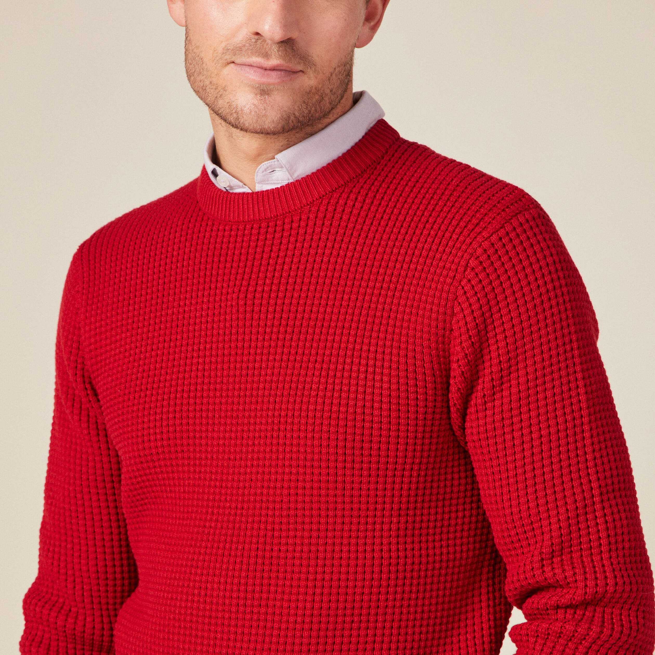 Pull manches longues col rond rouge fonc&eacute; homme