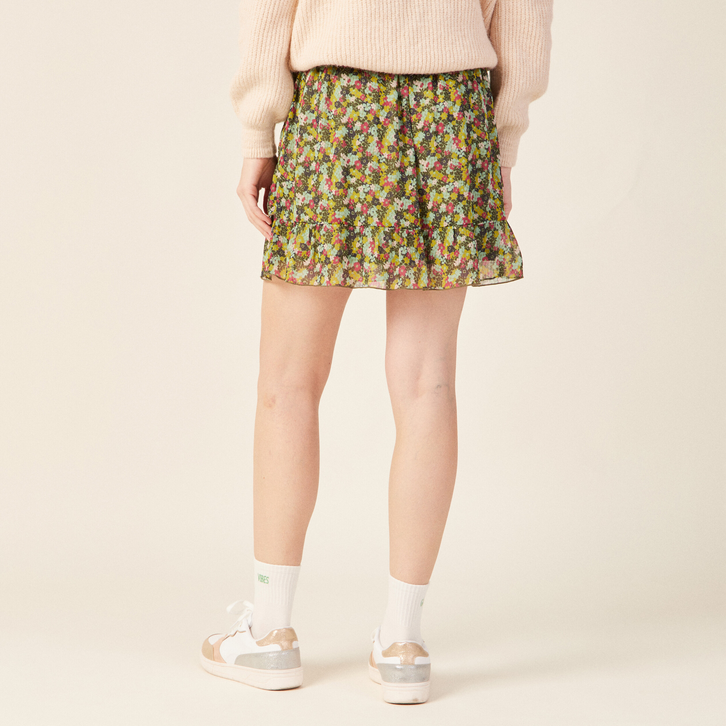 Jupe droite volantée vert kaki femme