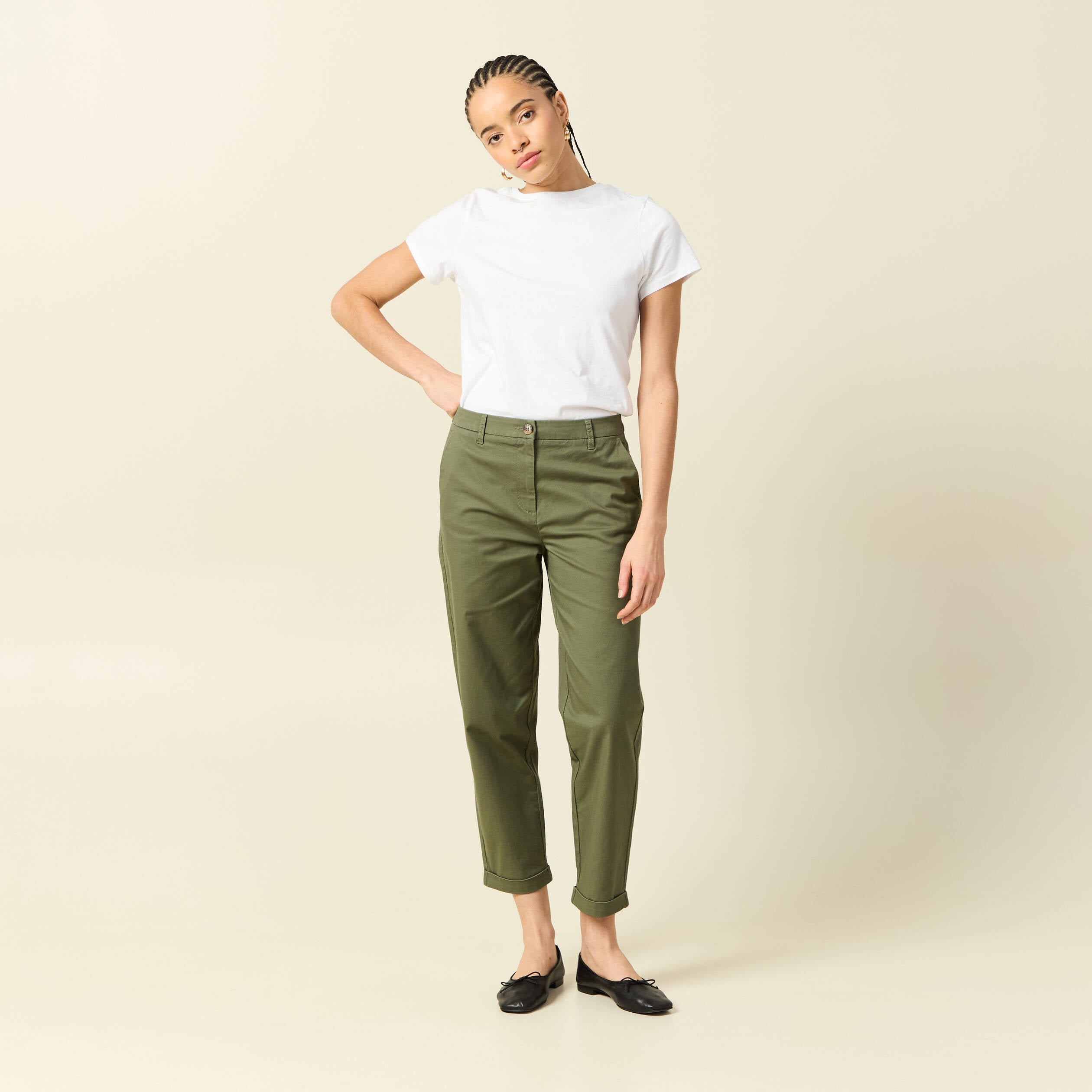 Pantalon taille haute fluide vert kaki femme