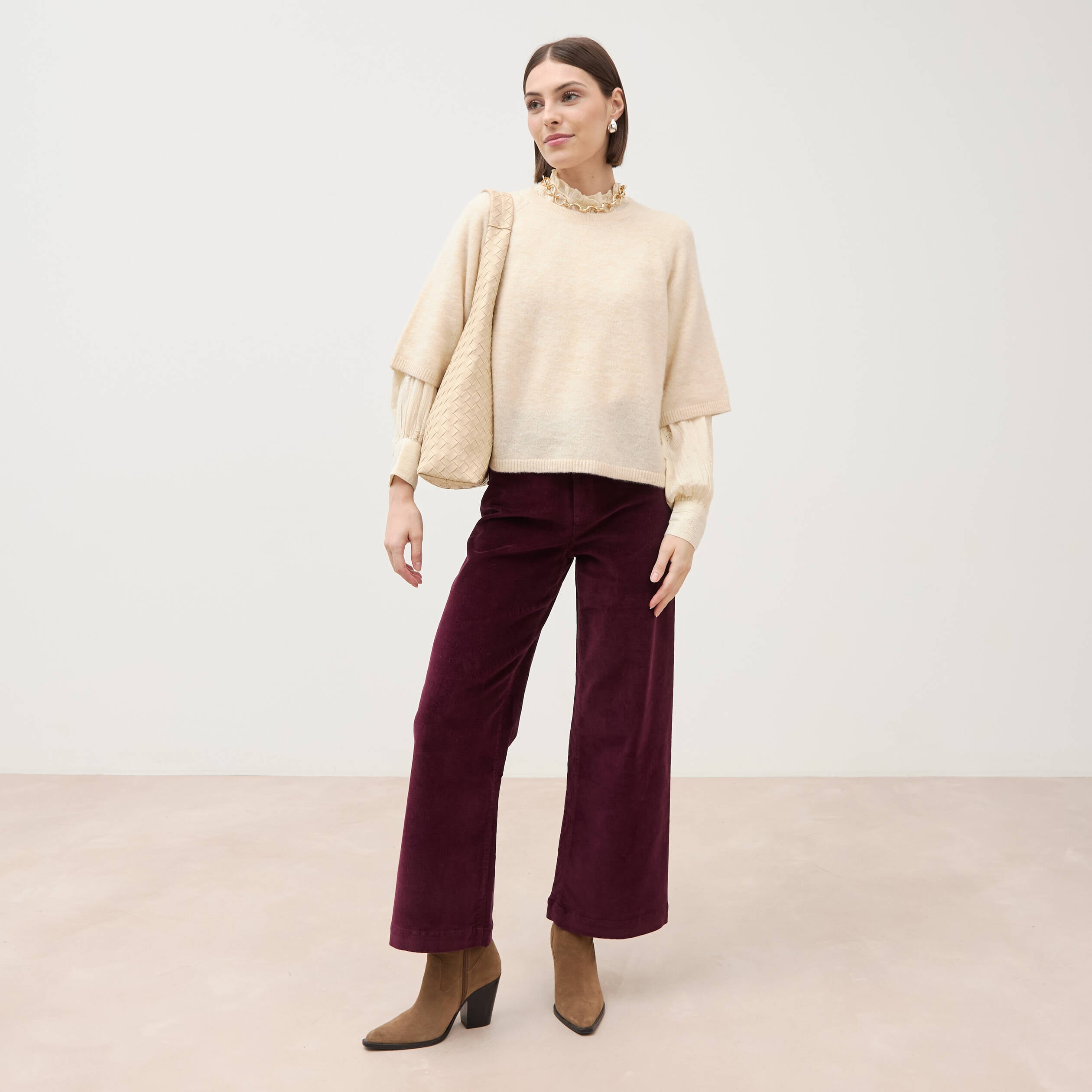 Pull droit col rond manches courtes ivoire femme