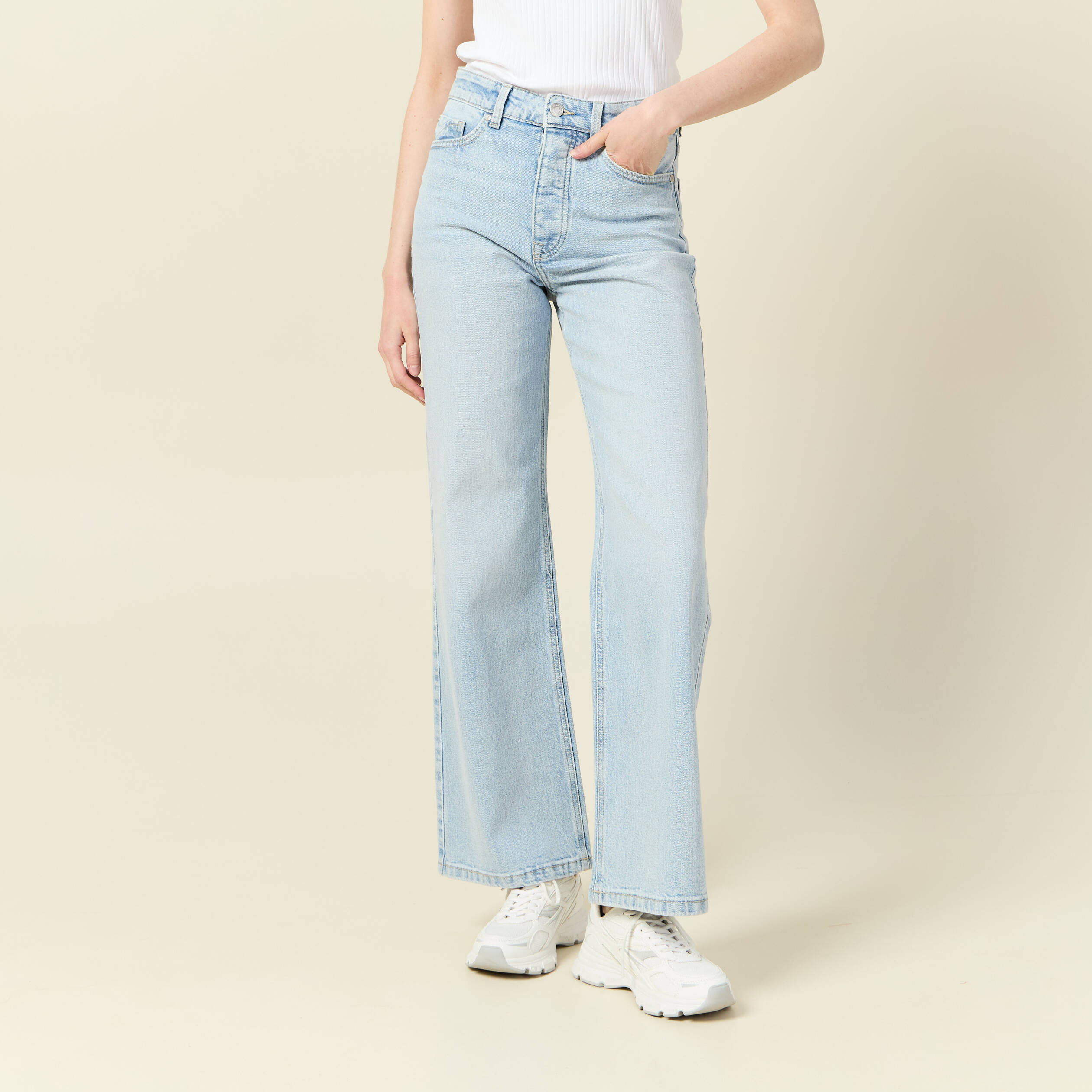 jeans large taille haute denim bleach femme Jeans large taille haute denim bleach femme