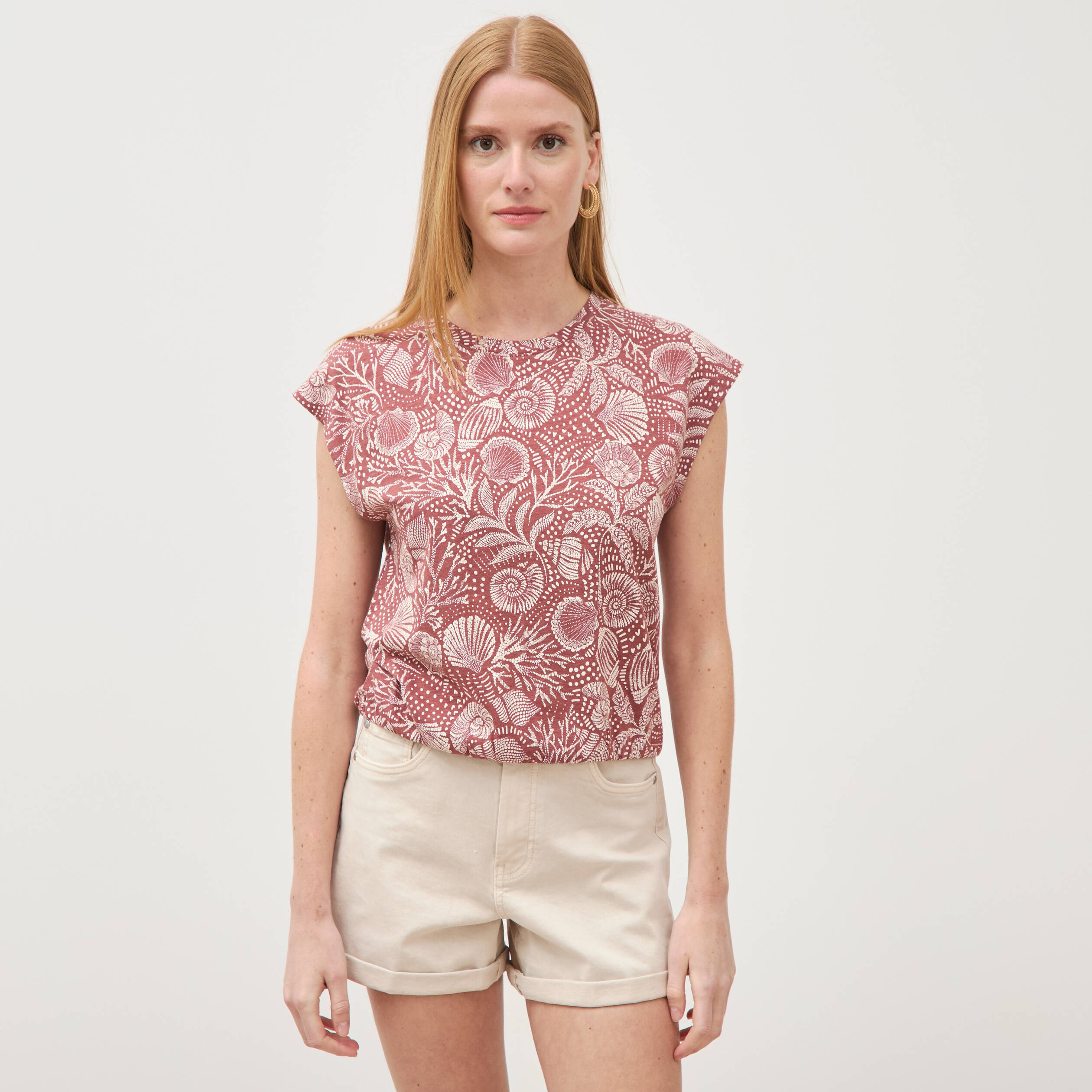 T-shirt sans manches col rond marron cognac femme