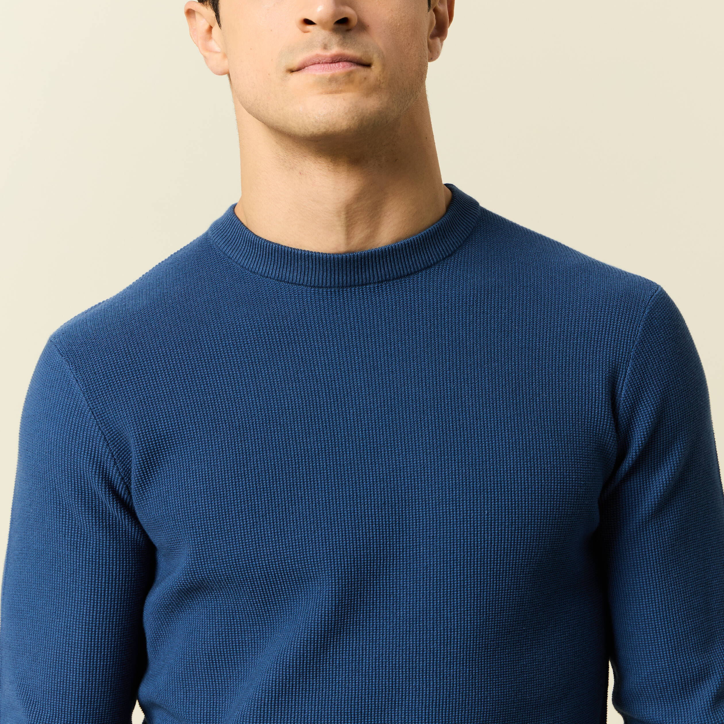 Pull fin col rond manches longues bleu fonc&eacute; homme