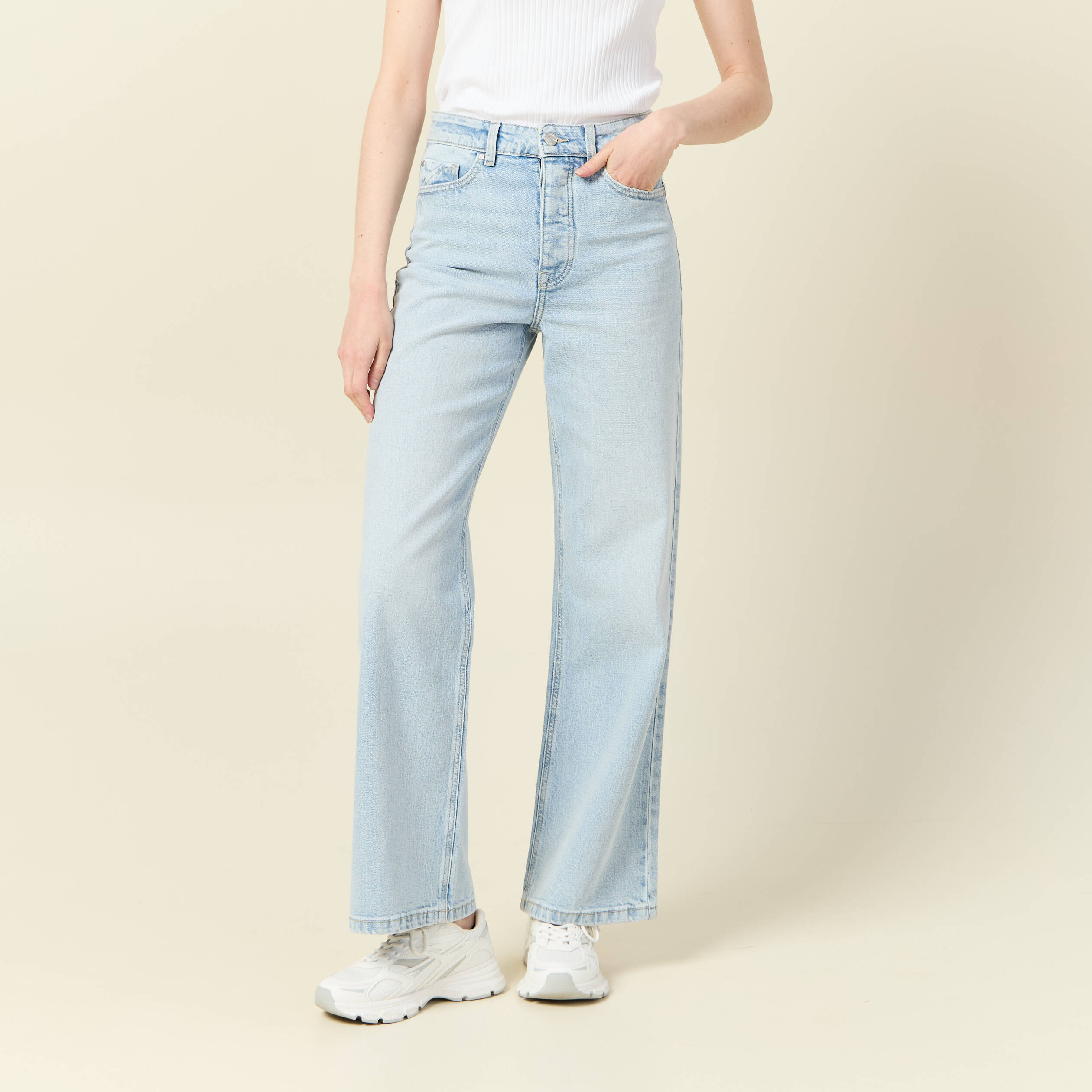 jeans large taille haute denim bleach femme Jeans large taille haute denim bleach femme