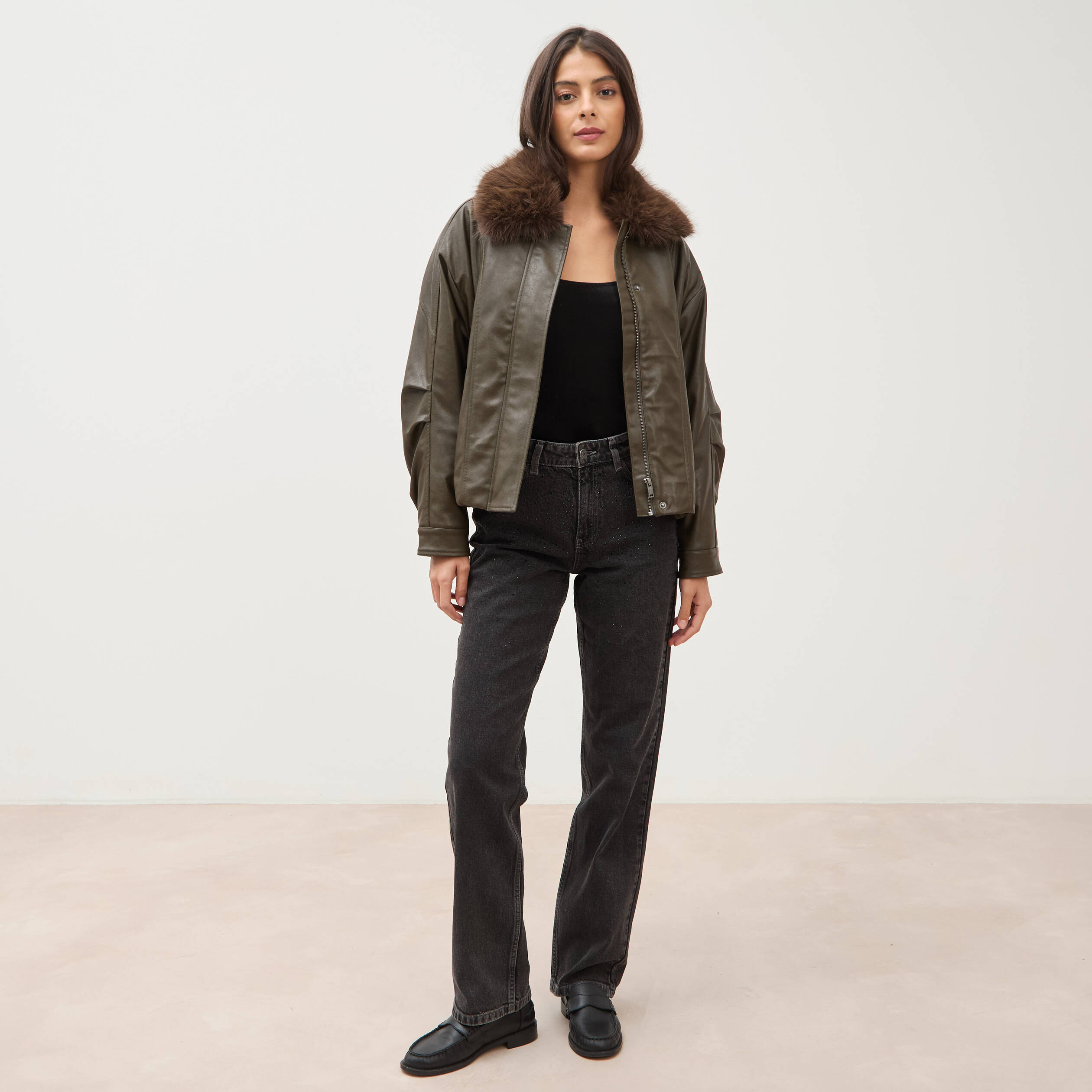 Blouson oversize manches longues vert olive femme