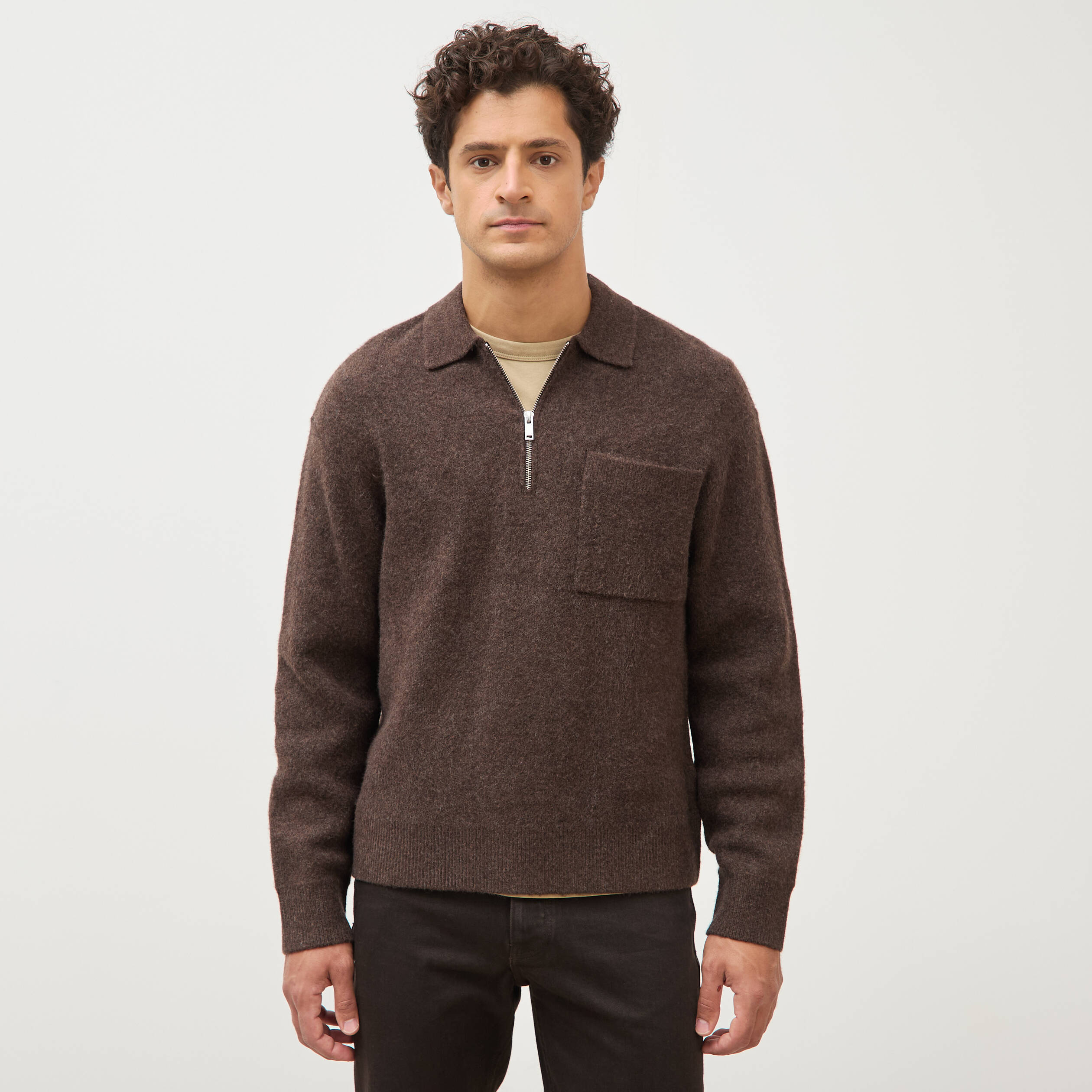 Pull droit manches longues marron fonc&eacute; homme