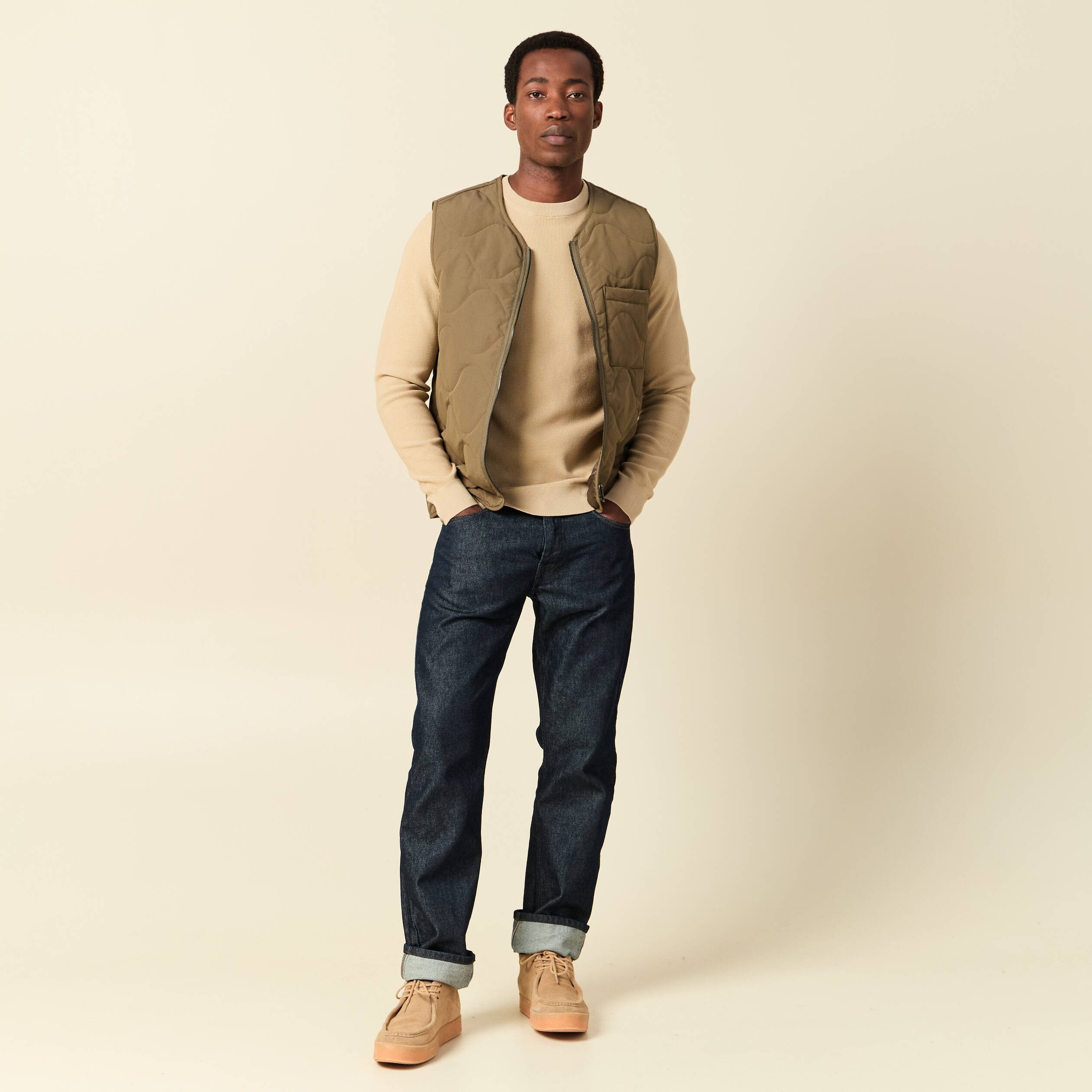 Pull fin col rond manches longues beige homme