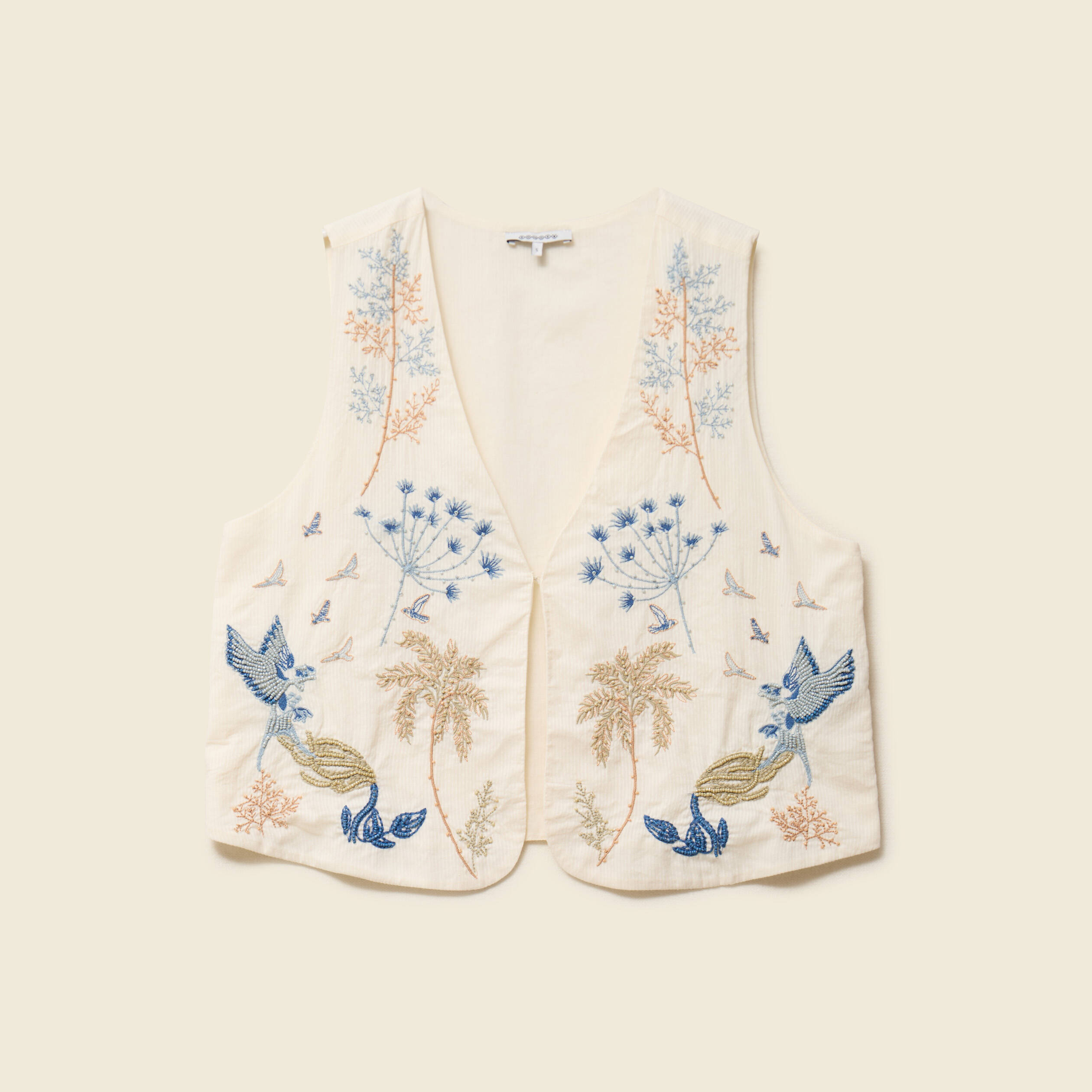 Gilet sans manches col v broderie ecru femme