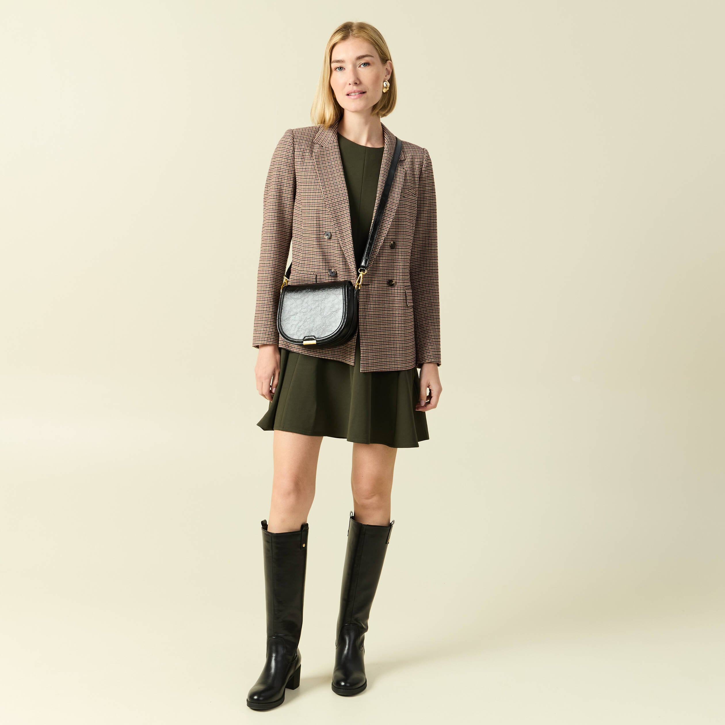 Robe fluide manches longues col rond vert kaki femme