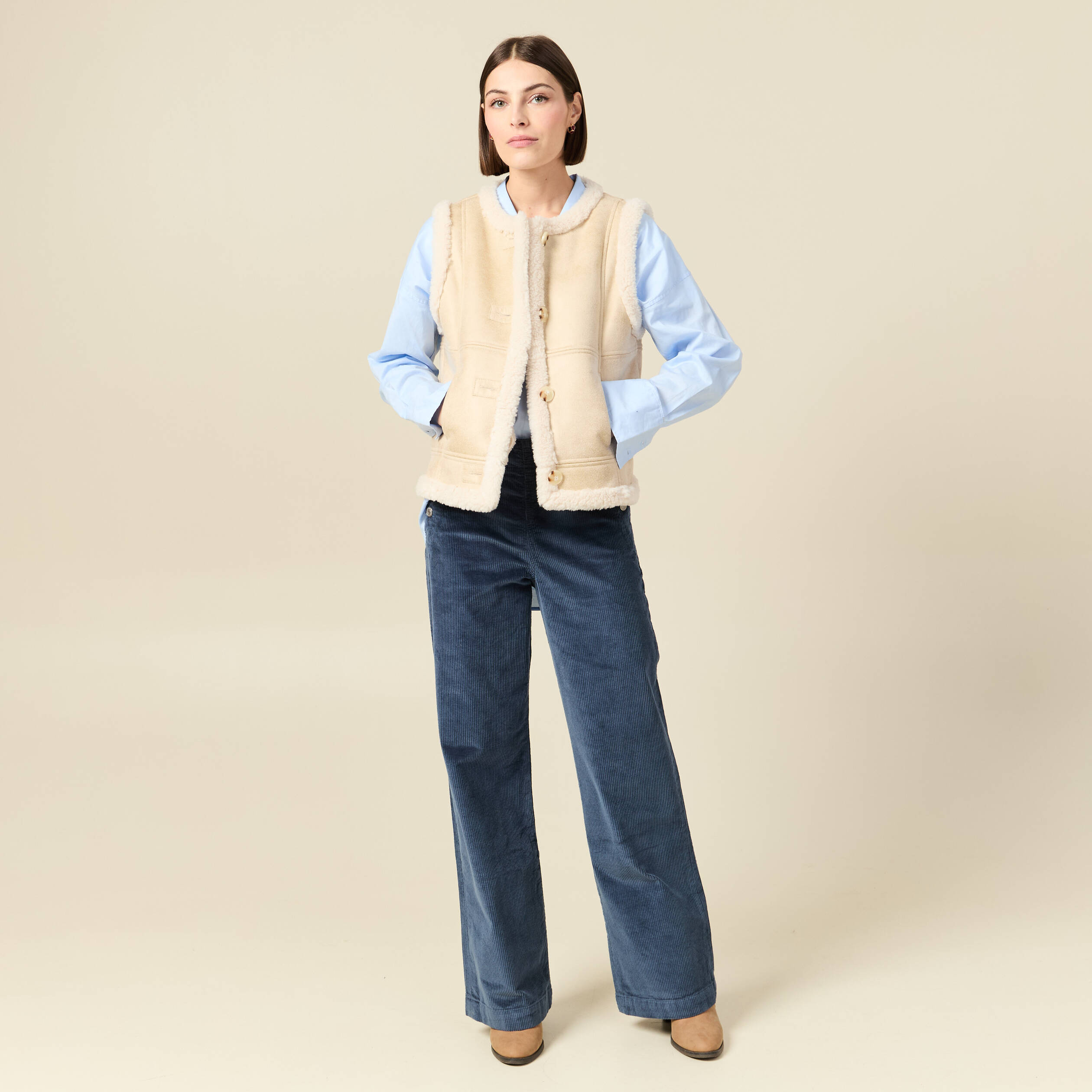 Pantalon large taille haute en velours gris femme