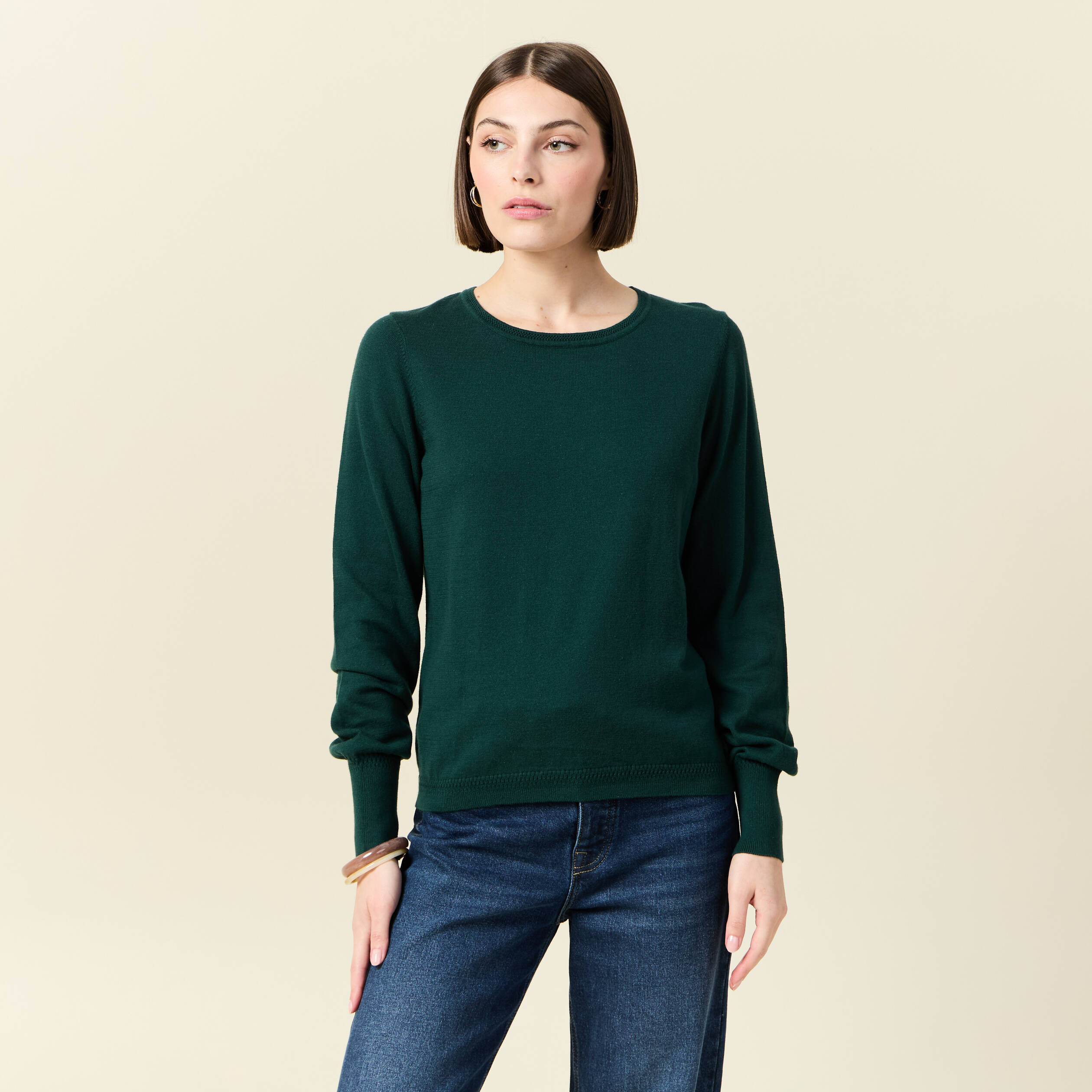 Pull manches longues vert fonc&eacute; femme
