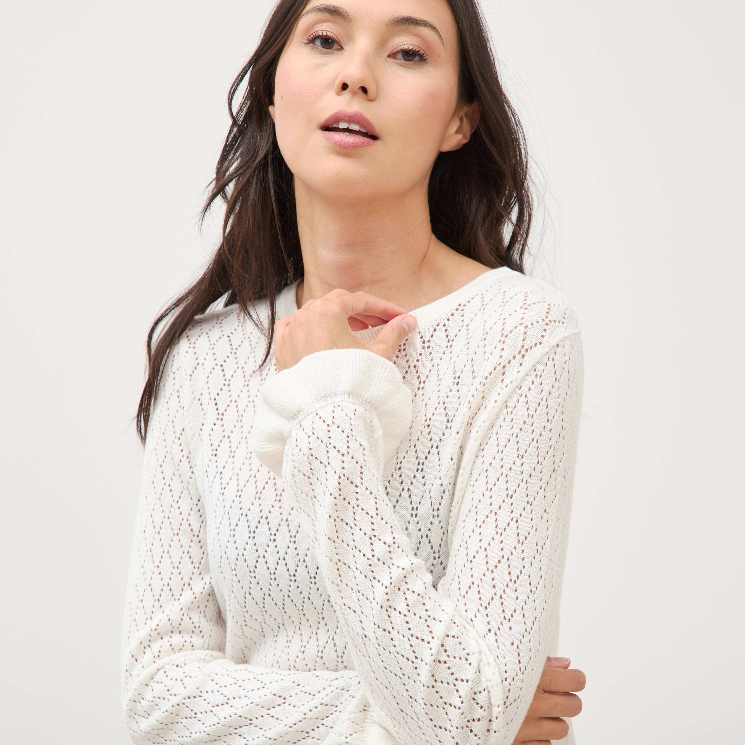 Pull ajour&eacute; col rond manches longues ecru femme