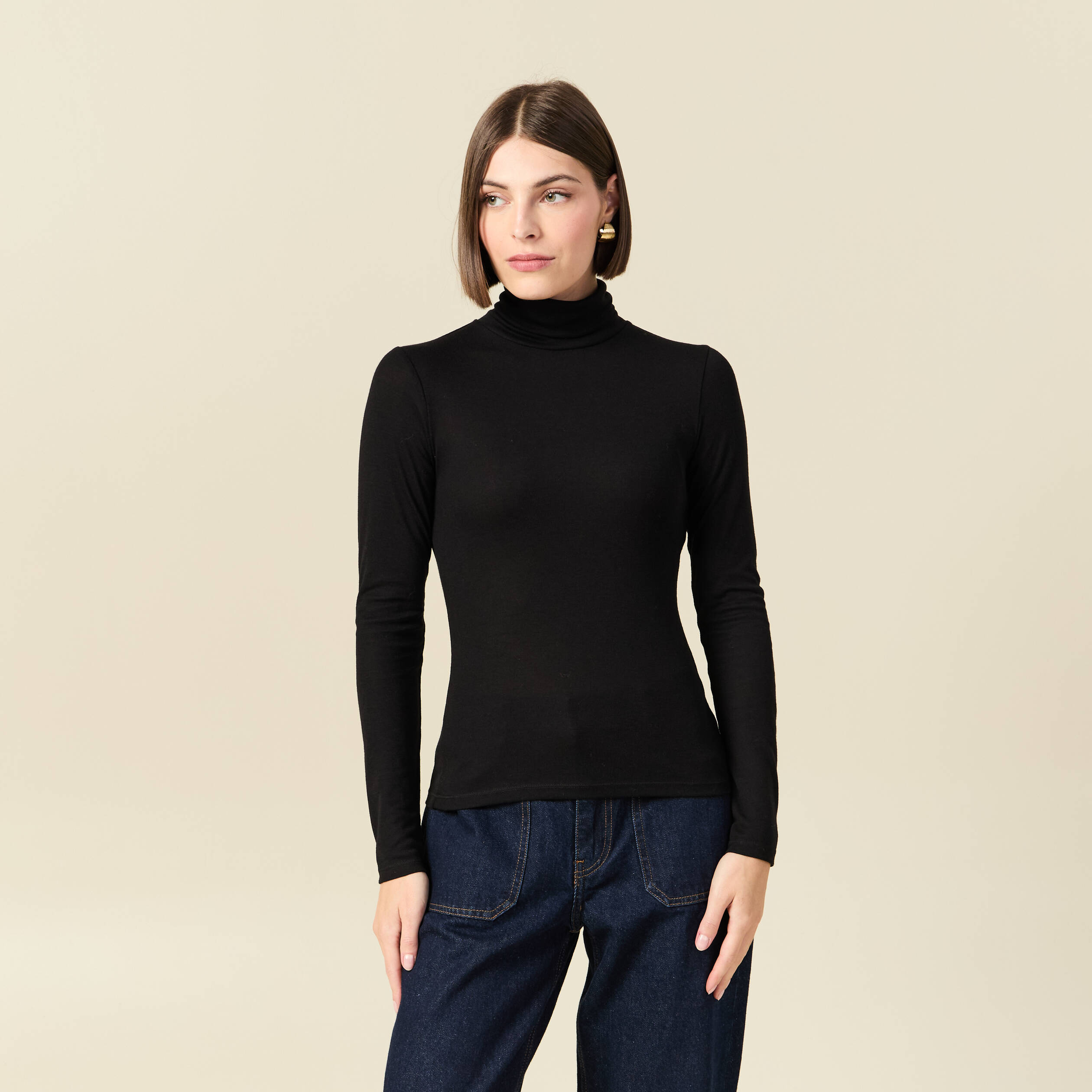 T-shirt cintré manches longues col roulé noir femme Vibs