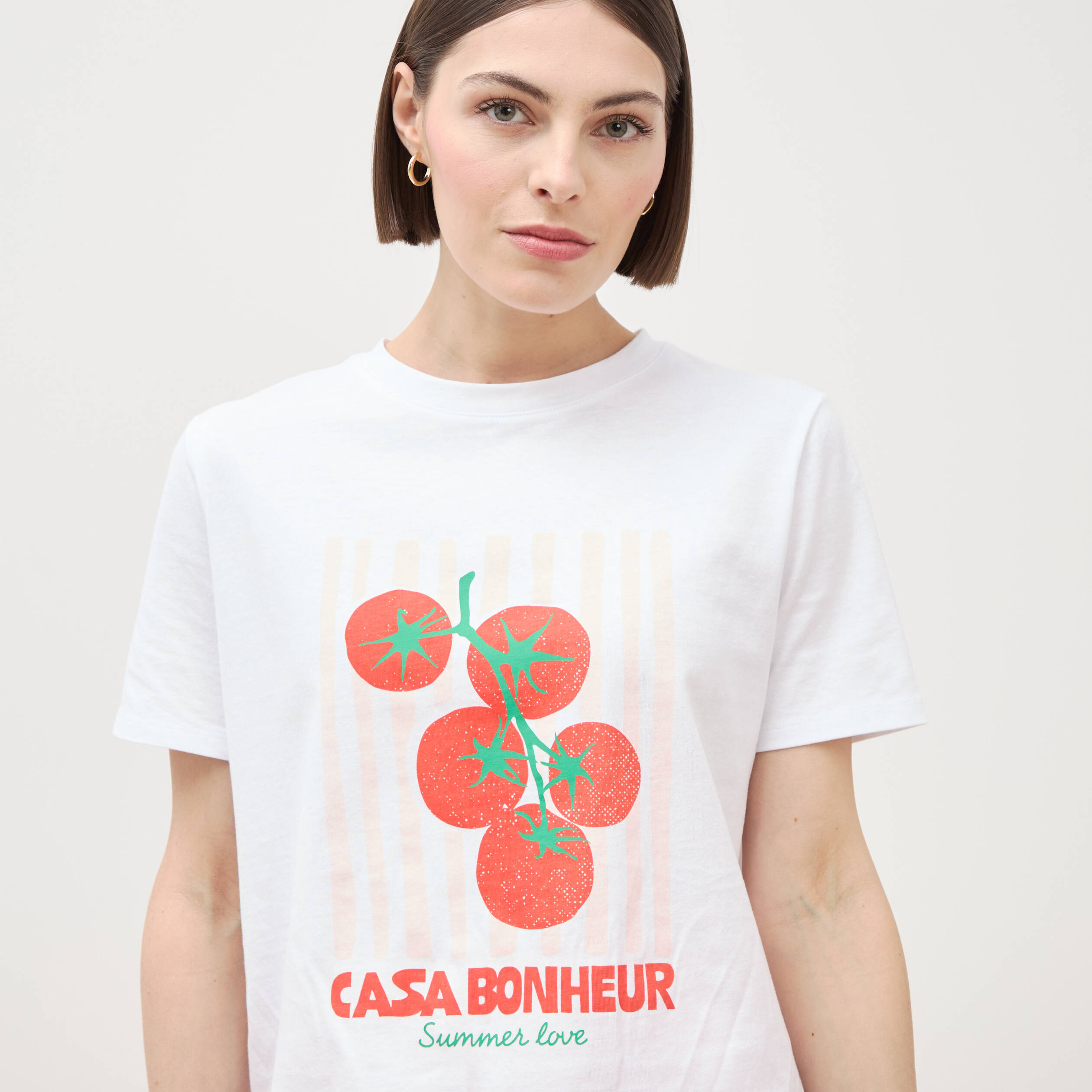 T-shirt &agrave; motif en coton manches courtes blanc femme