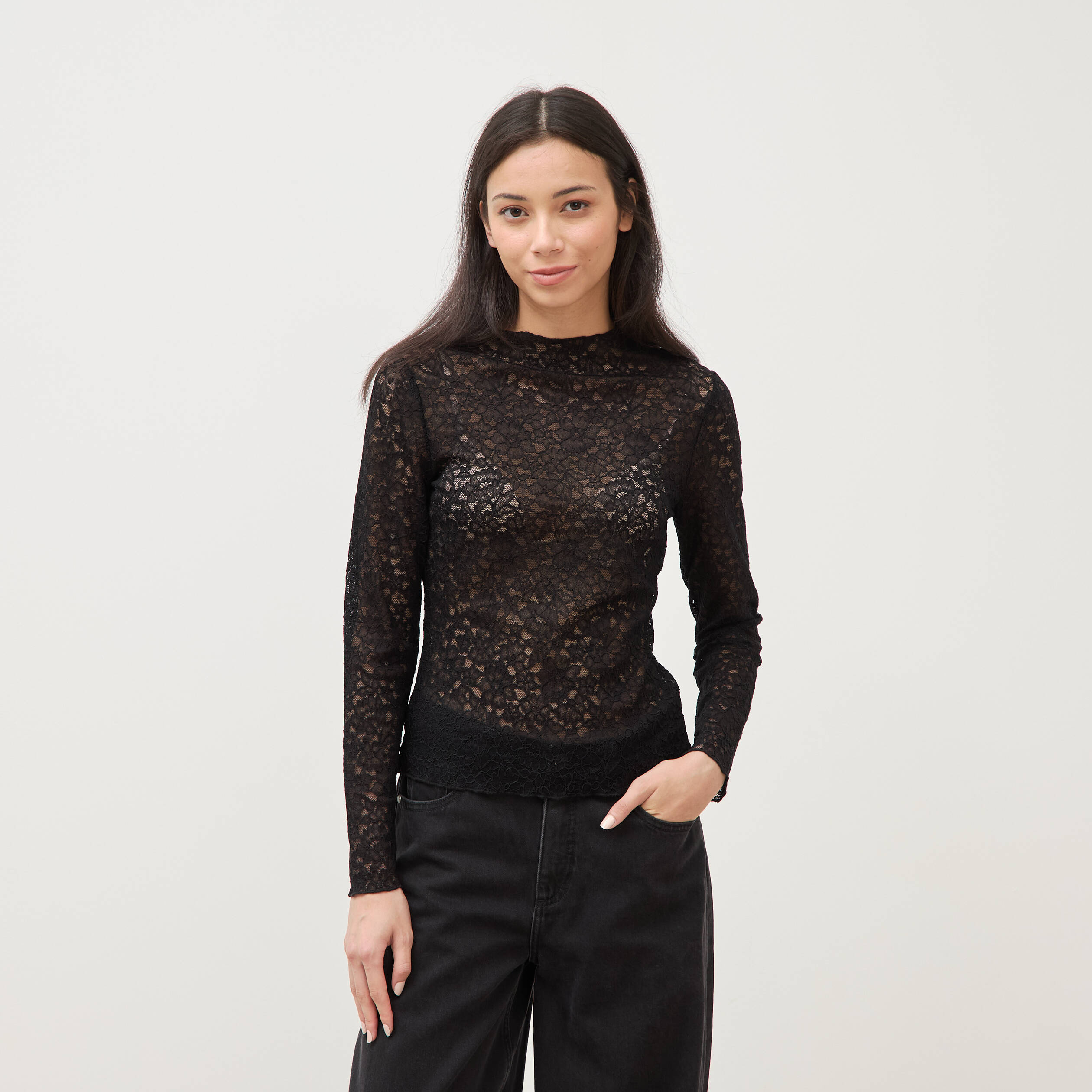 T-shirt ajust&eacute; dentelle manches longues noir femme