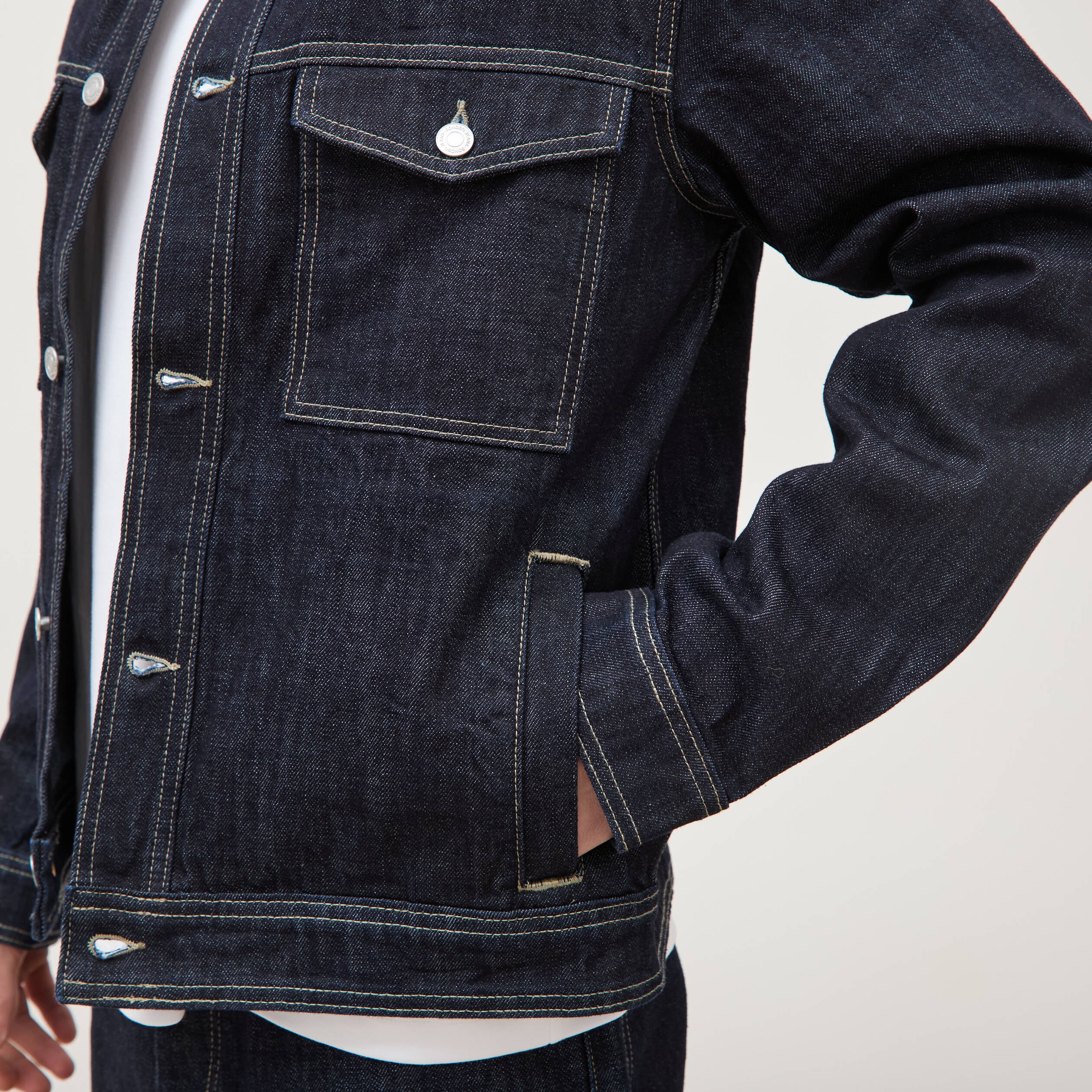 Veste droite en coton col classique denim brut rinse homme