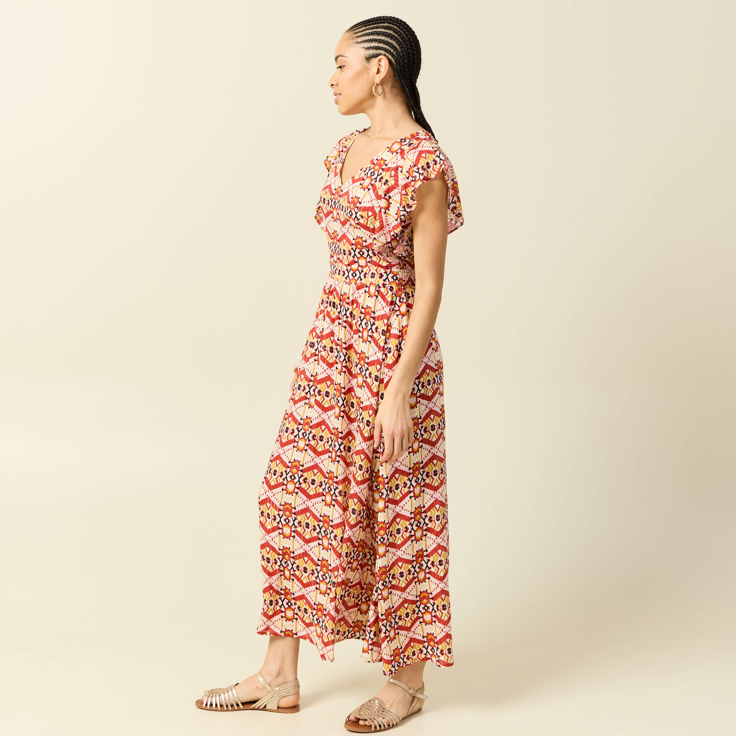Robe longue &eacute;vas&eacute;e col v manches courtes bordeaux femme