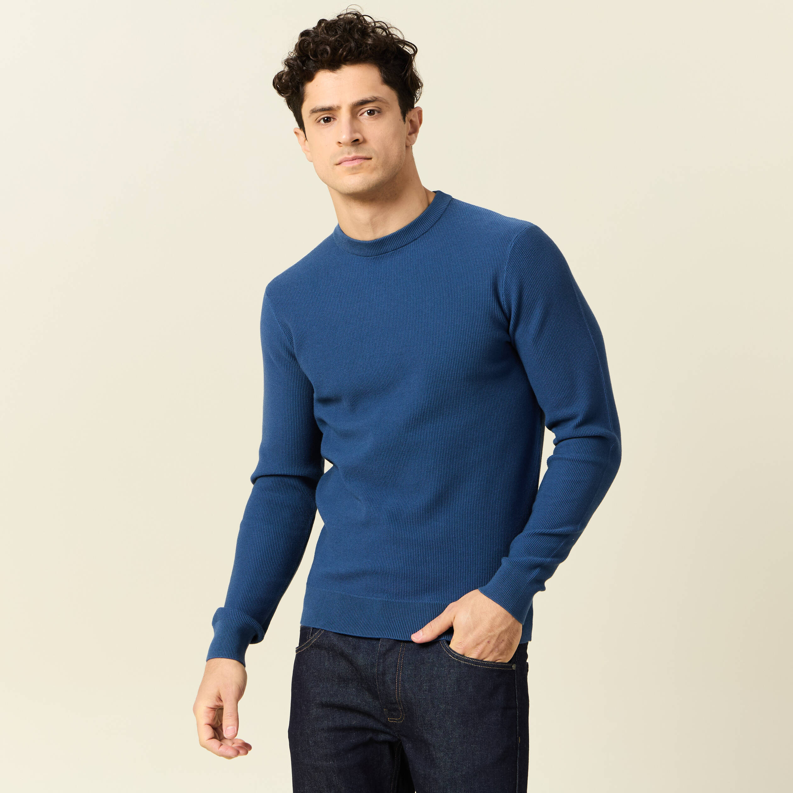 Pull fin col rond manches longues bleu fonc&eacute; homme