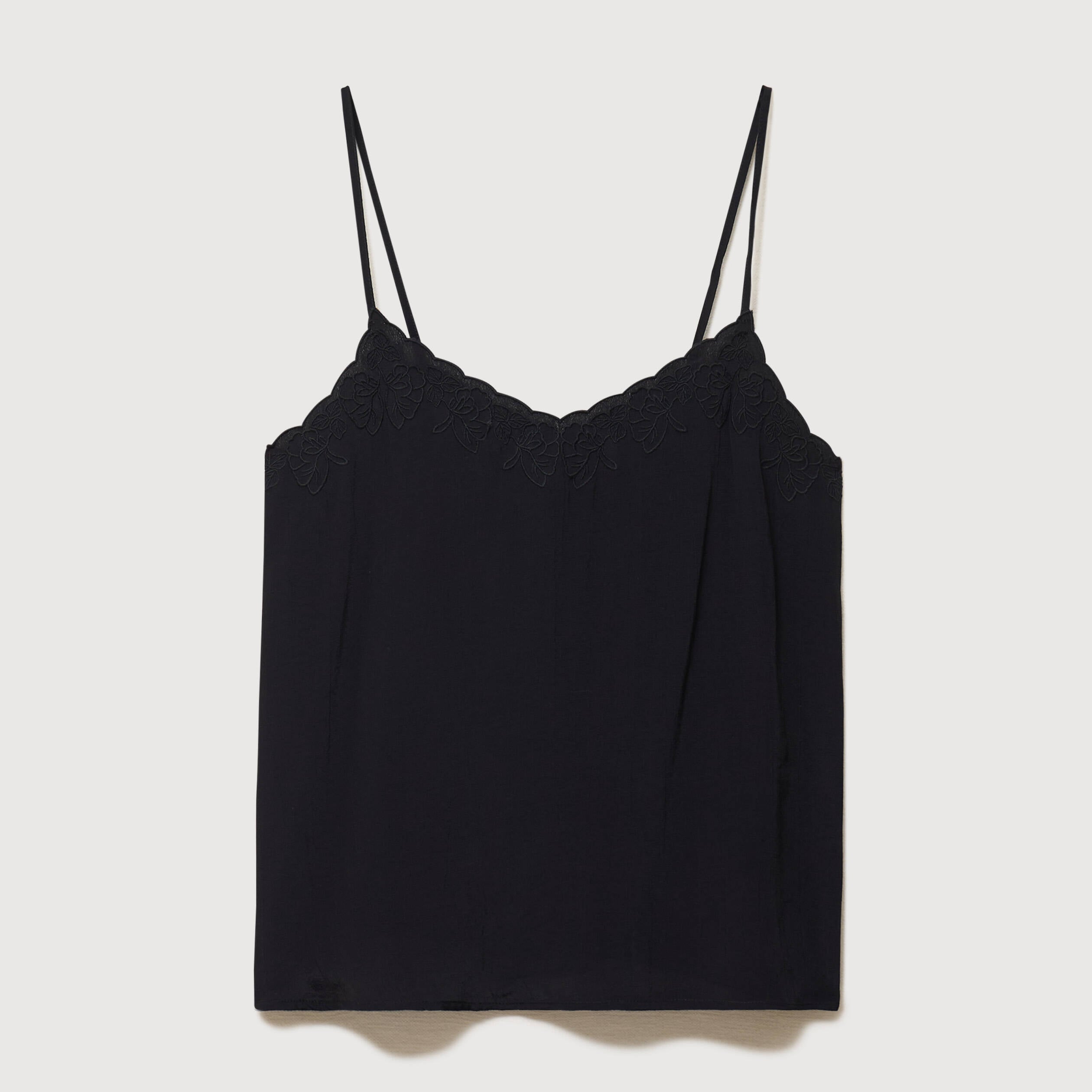 Caraco col v bretelles brod&eacute; noir femme