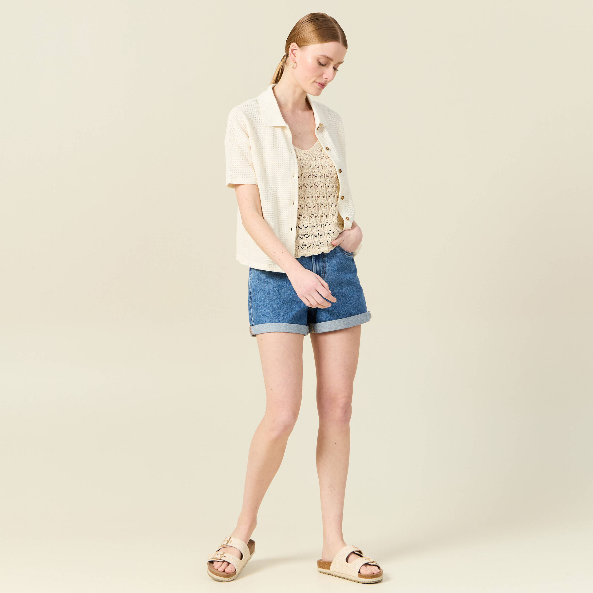 debardeur tricot ajoure creme femme Débardeur tricot ajouré creme femme
