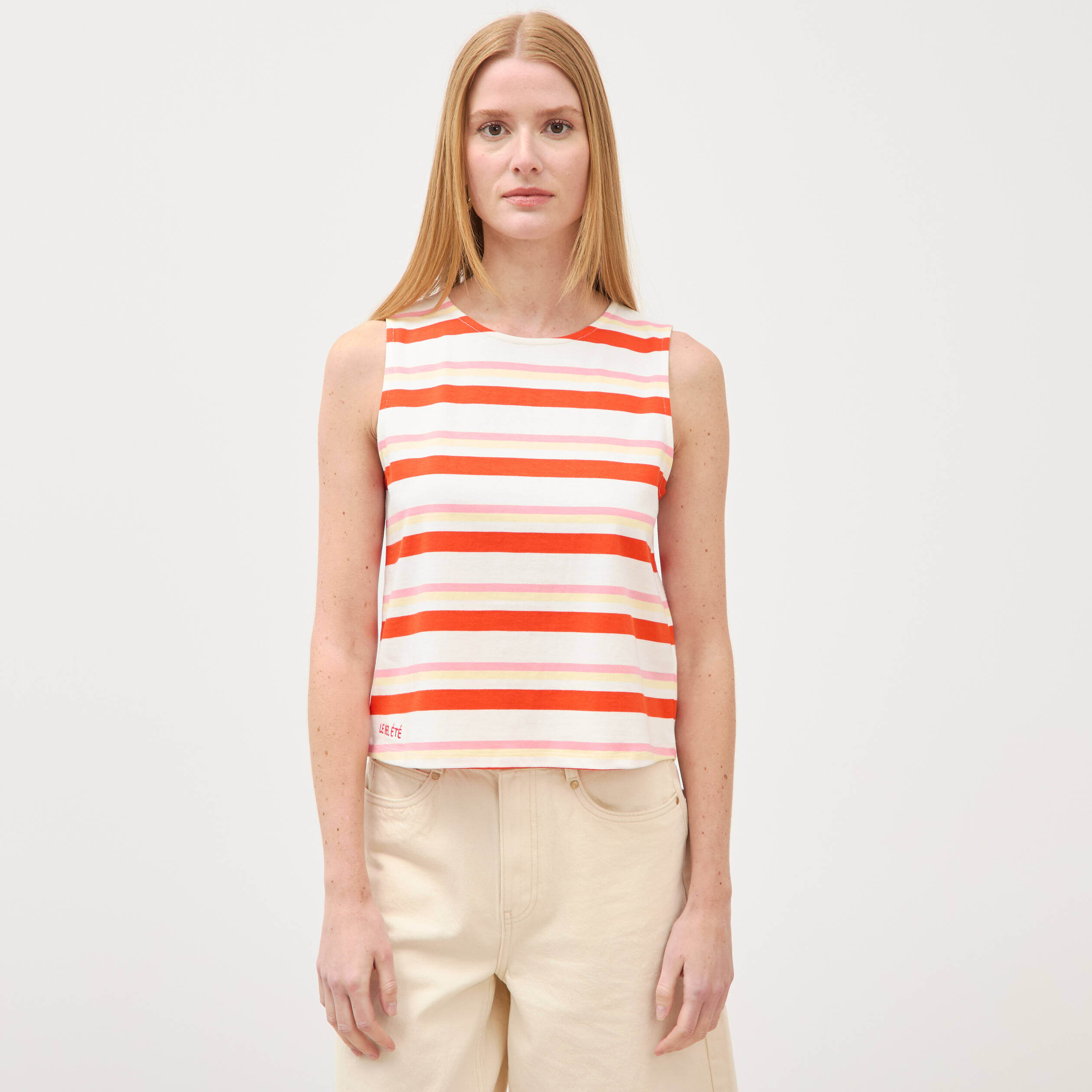 D&eacute;bardeur ray&eacute; col rond en coton rouge femme