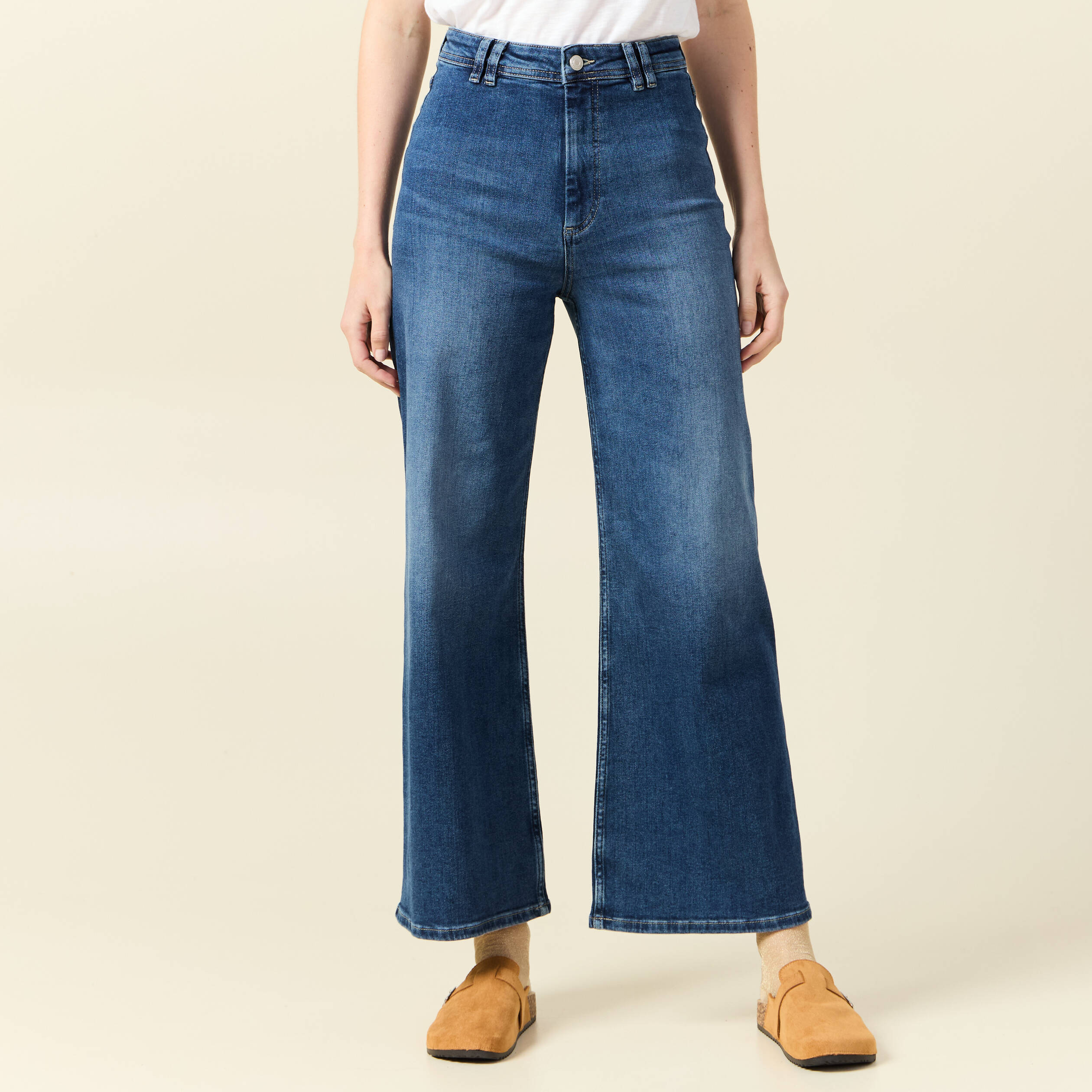 Jeans wide leg taille haute denim stone femme