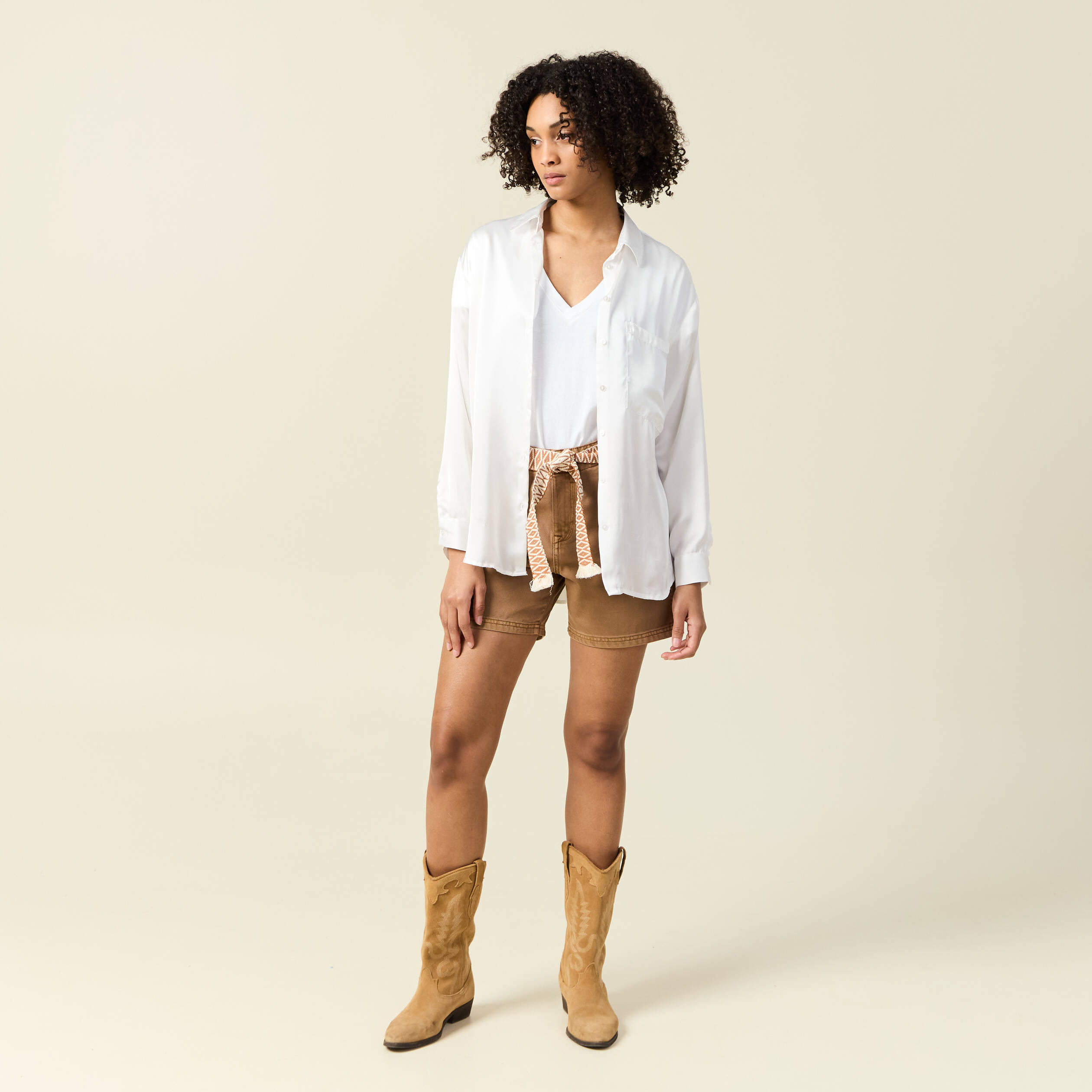 Short boyfriend ceintur&eacute; jean vert kaki femme