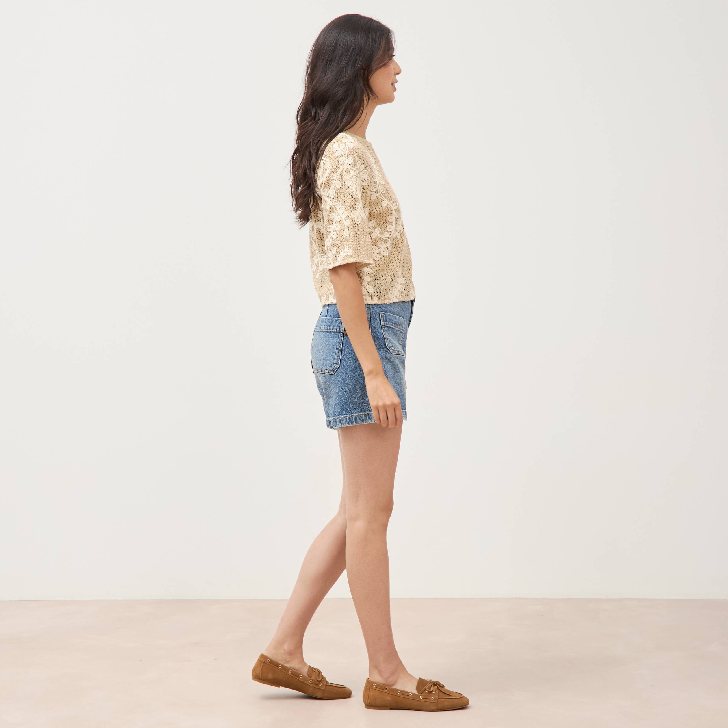 T-shirt brod&eacute; col rond manches 3/4 beige femme