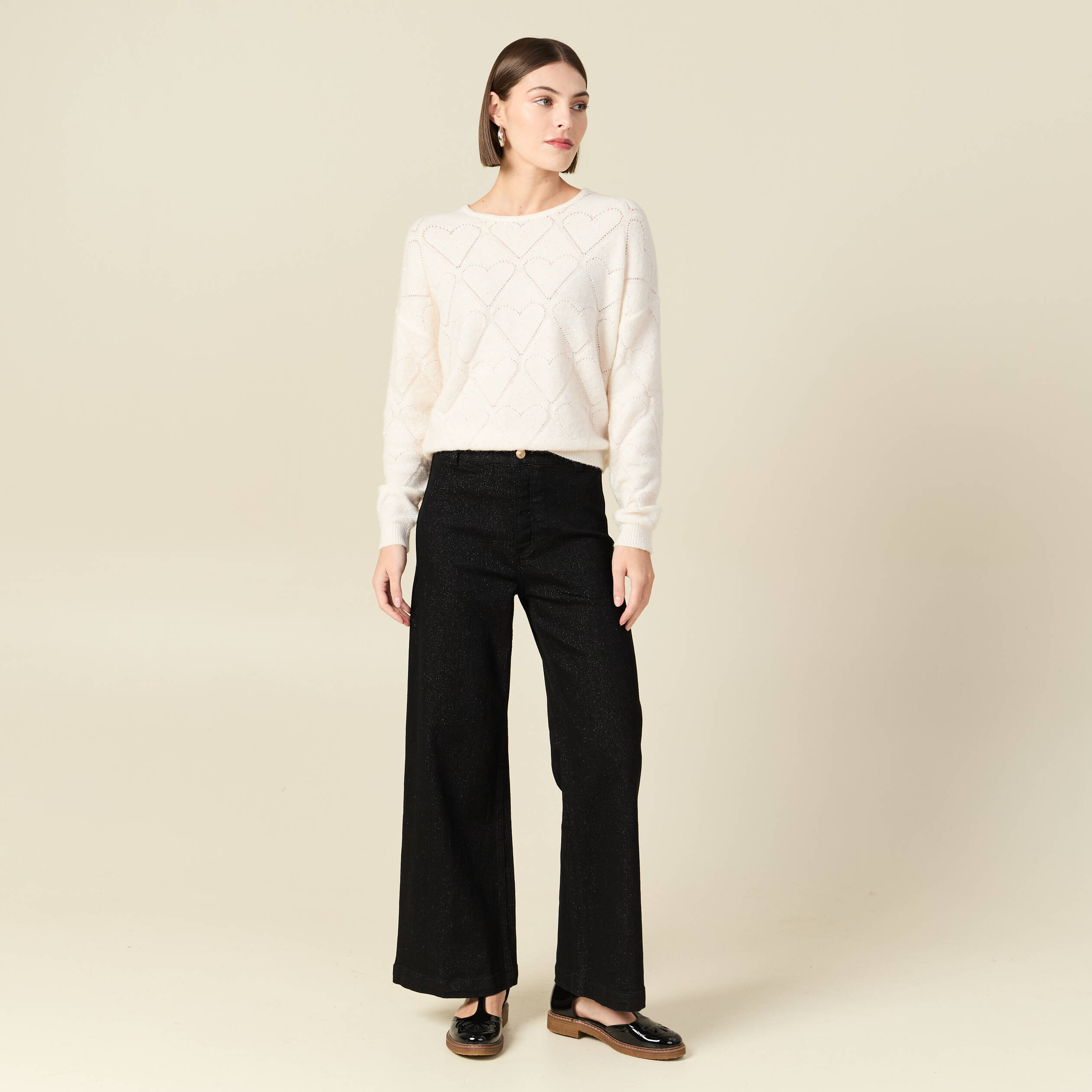 Pull manches longues col rond brillant ecru femme