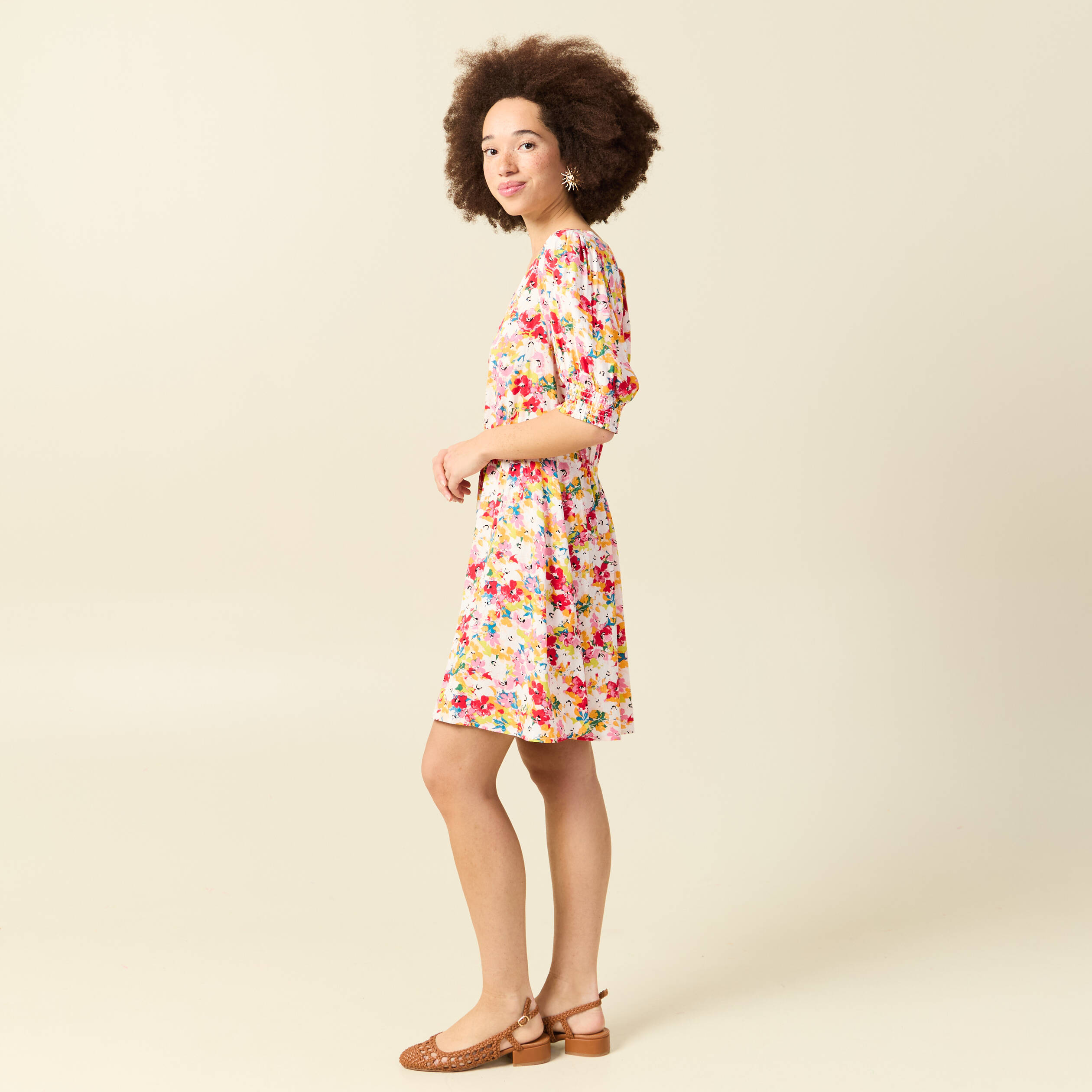 Robe fluide col v manches courtes rose framboise femme