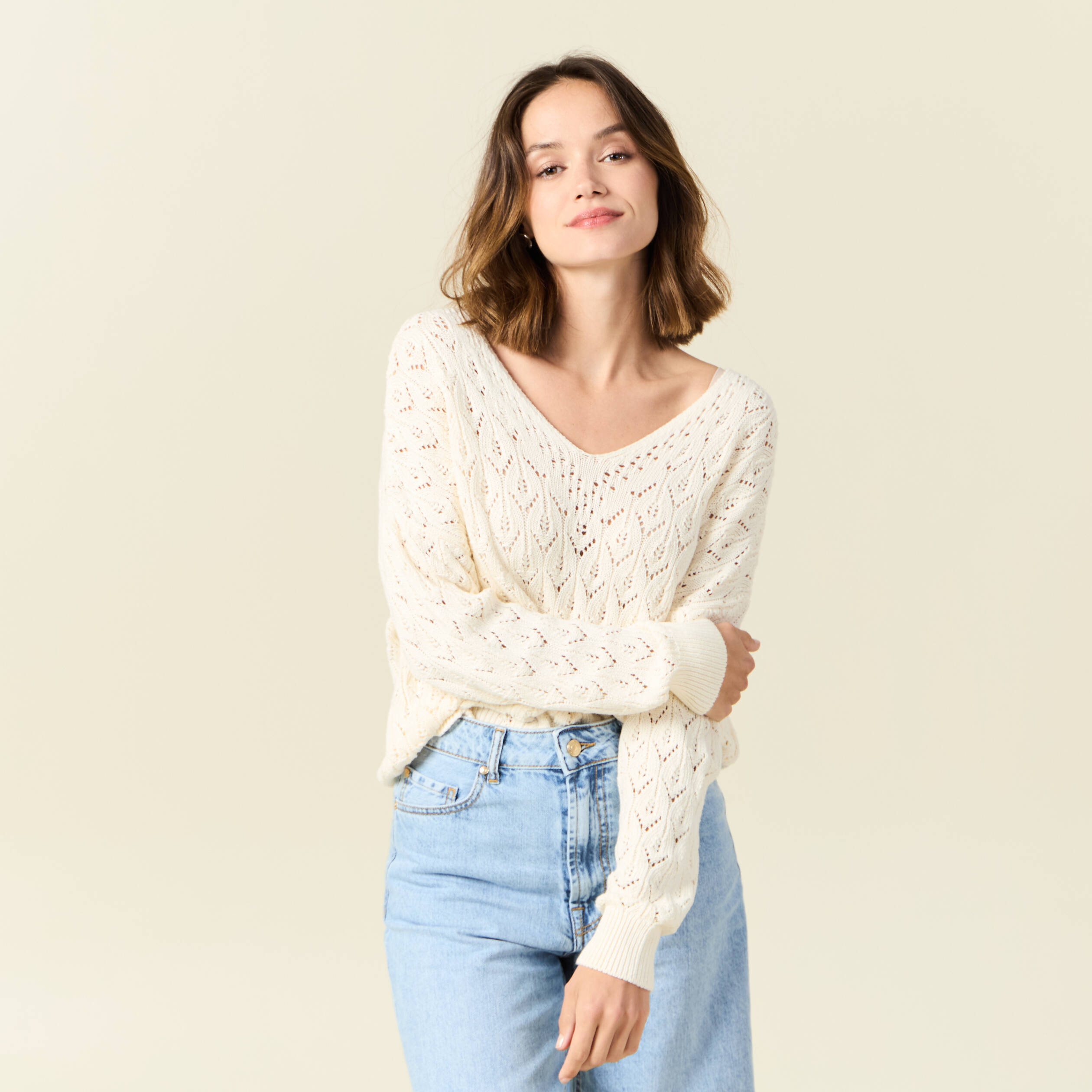 pull manches longues ajoure creme femme Pull manches longues ajouré creme femme