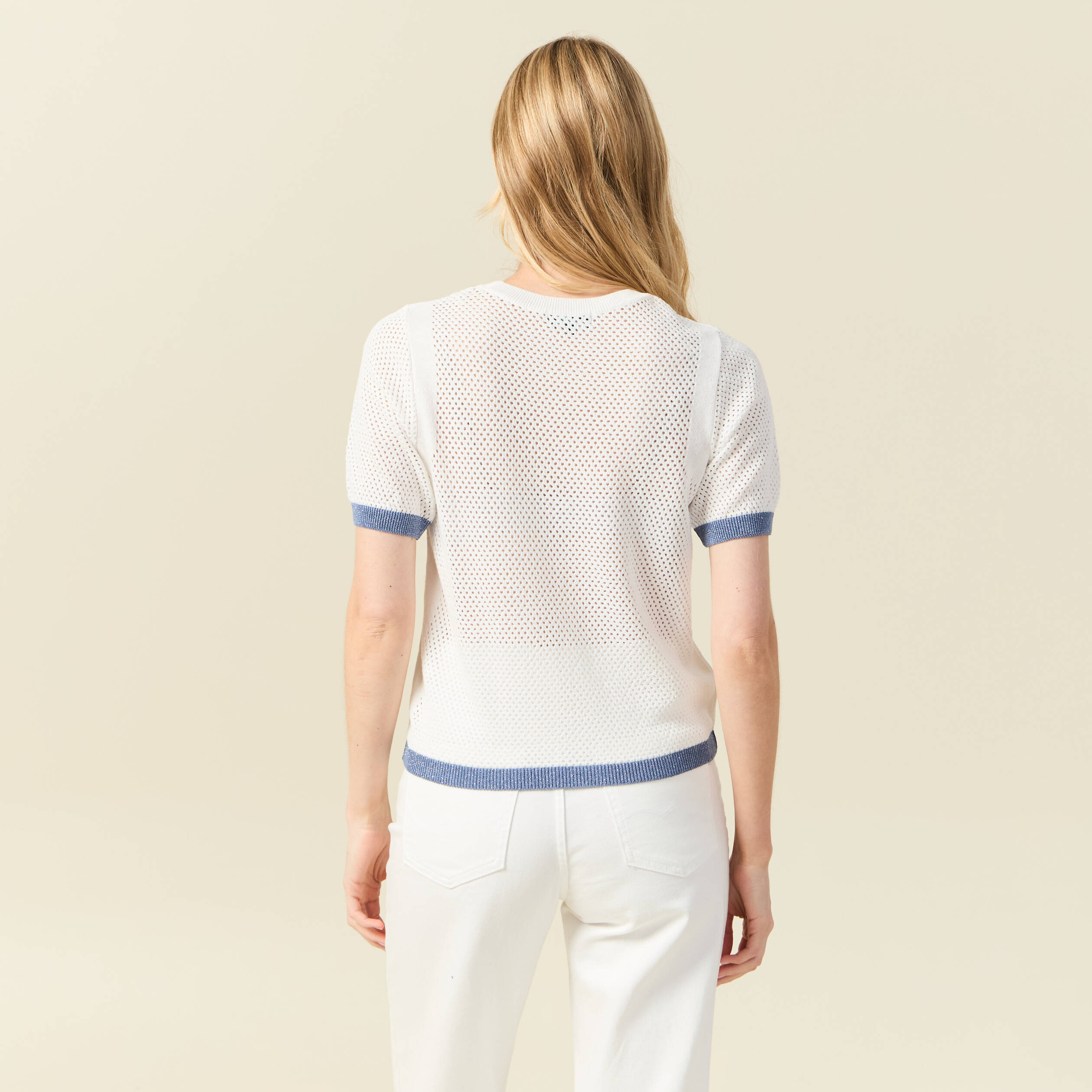 Pull manches courtes ajour&eacute; ecru femme