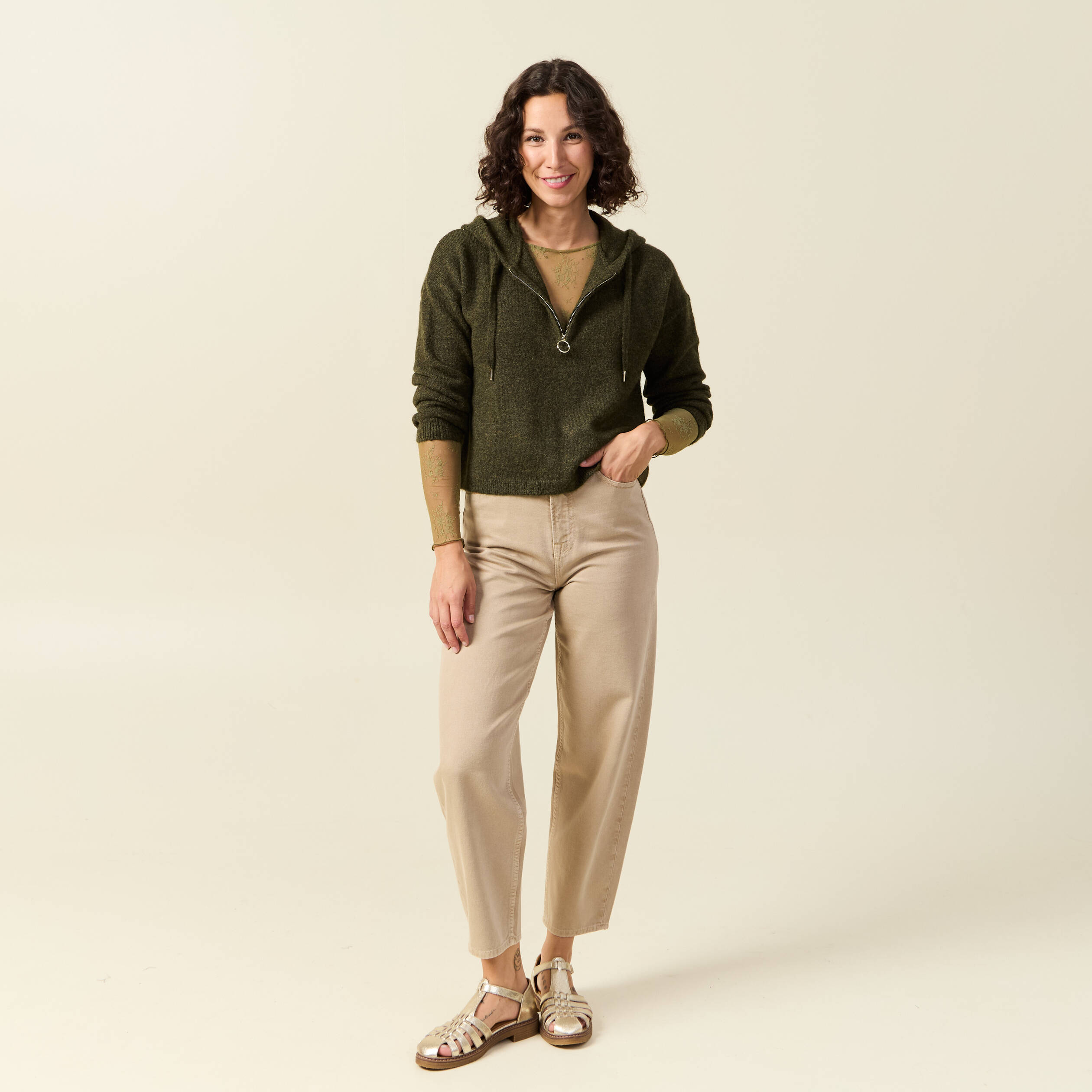 T-shirt ajust&eacute; manches longues col rond vert kaki femme