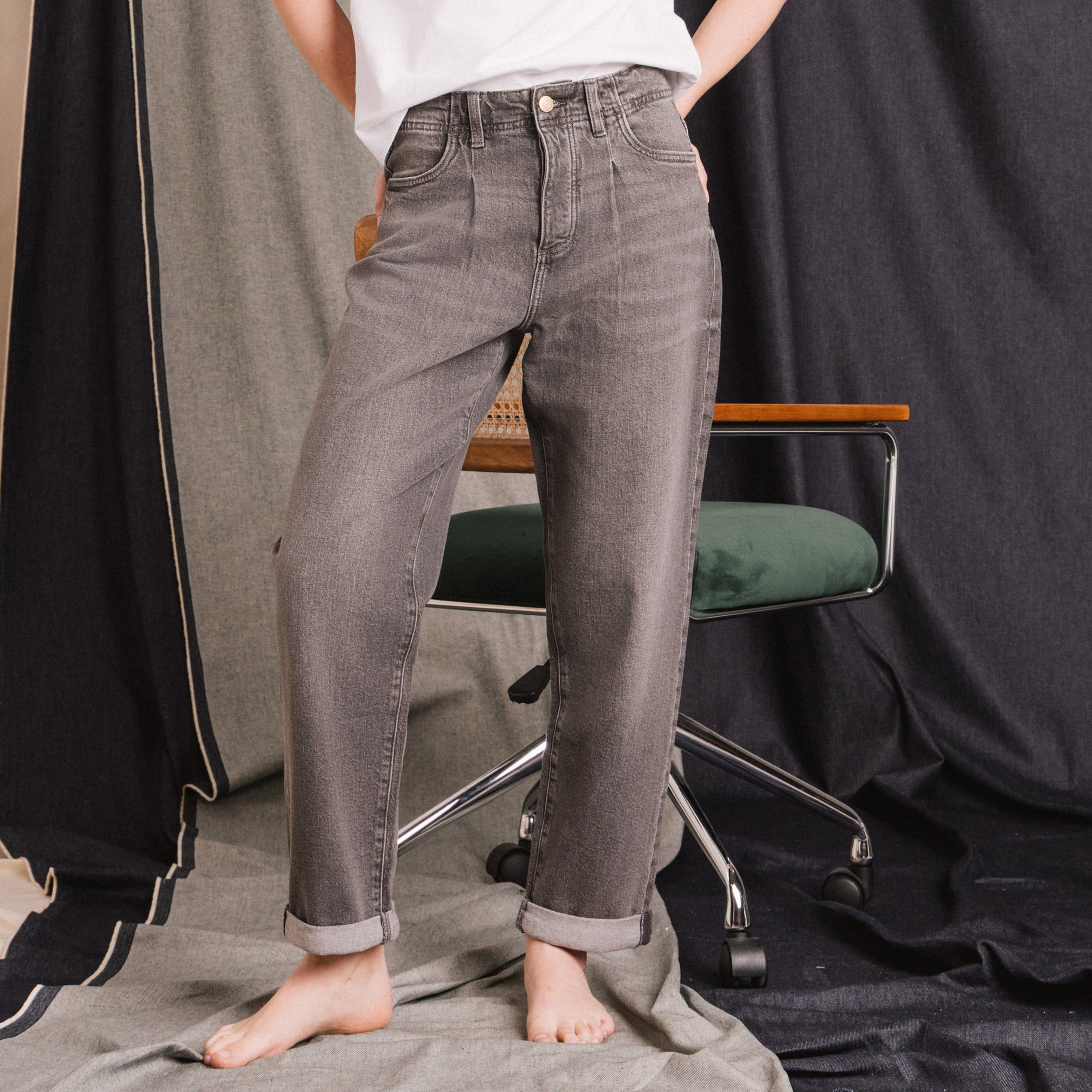 Pantalon mom taille haute 7/8&egrave;me denim denim gris femme