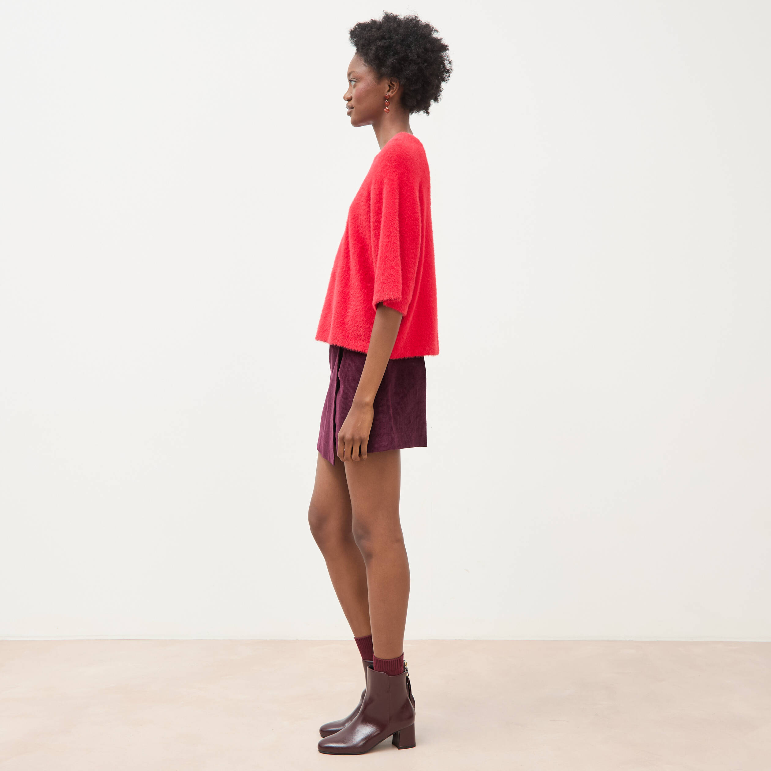 Pull droit manches 3/4 col rond rouge femme