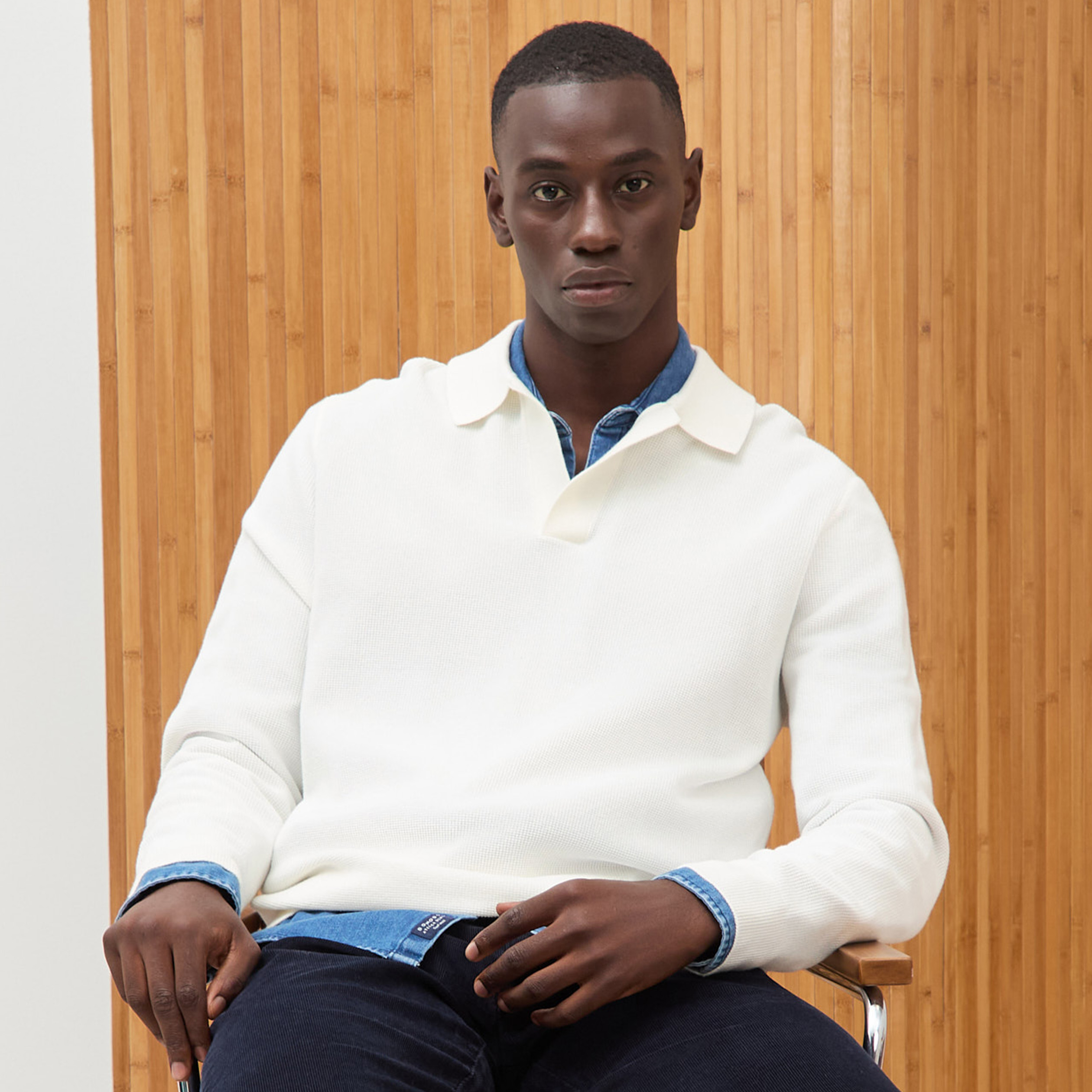 Pull droit col polo manches longues ecru homme
