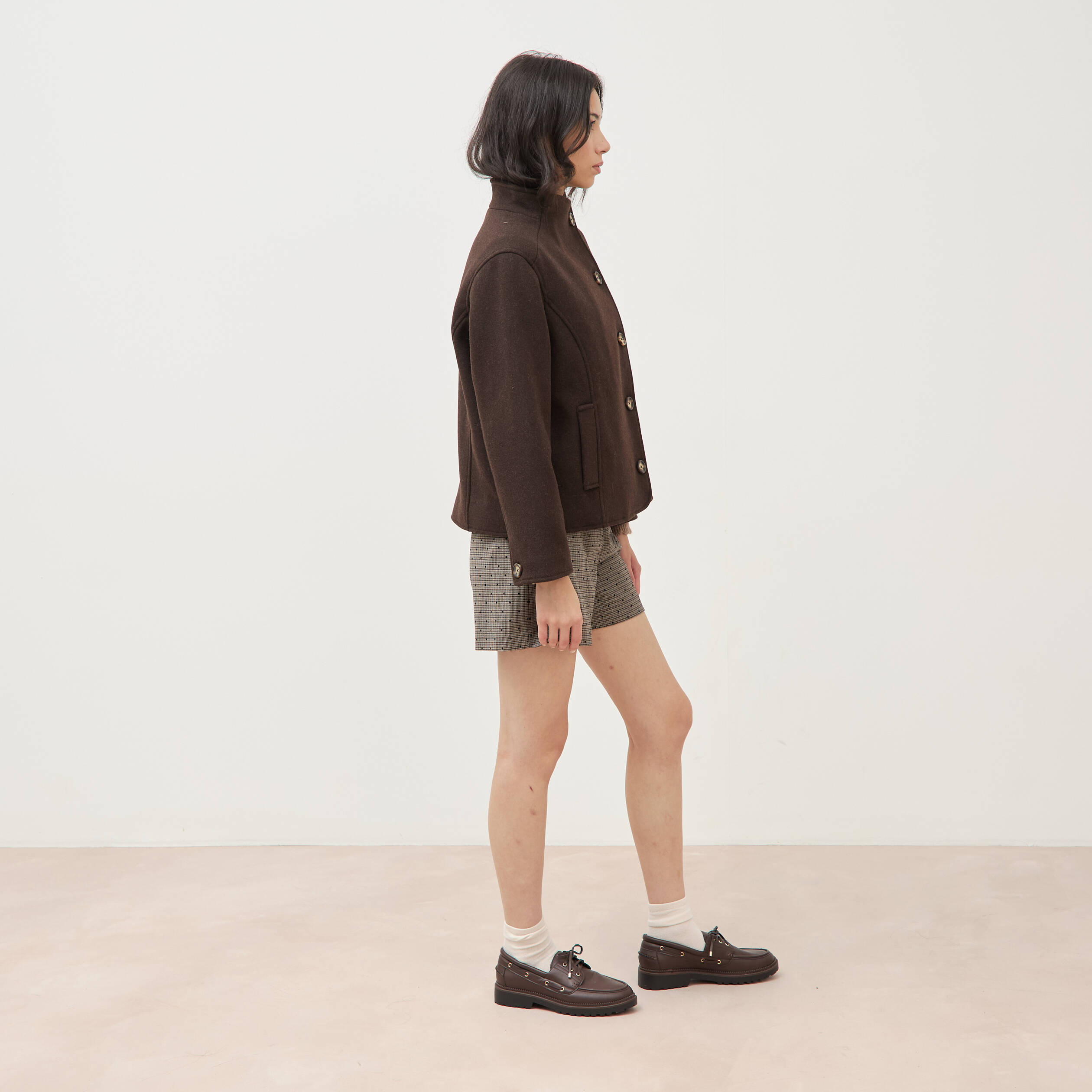 Veste oversize courte col tailleur marron fonc&eacute; femme