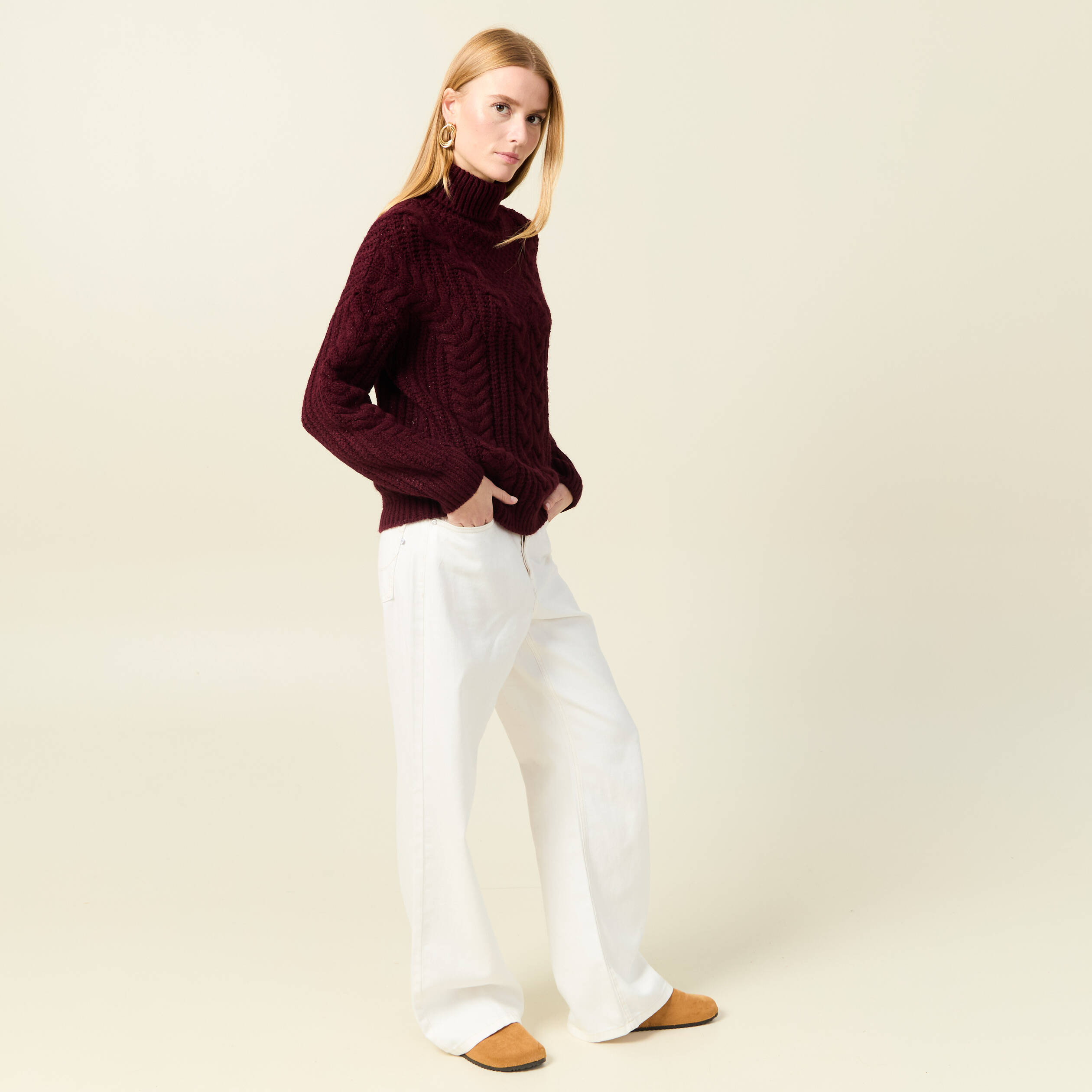 Pull manches longues col roulé rouge foncé femme