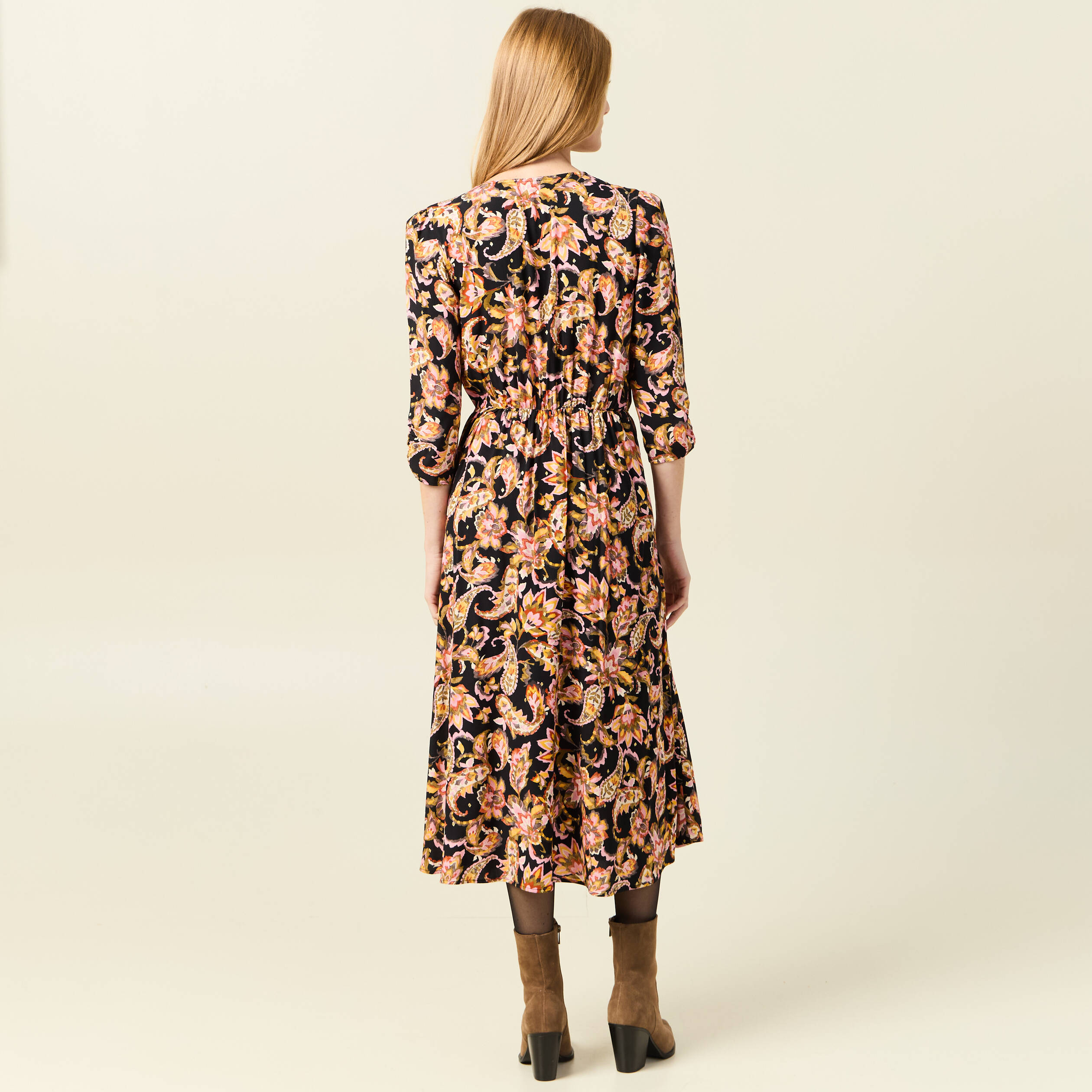 robe midi evasee manches 34 noir femme Robe midi évasée manches 3/4 noir femme