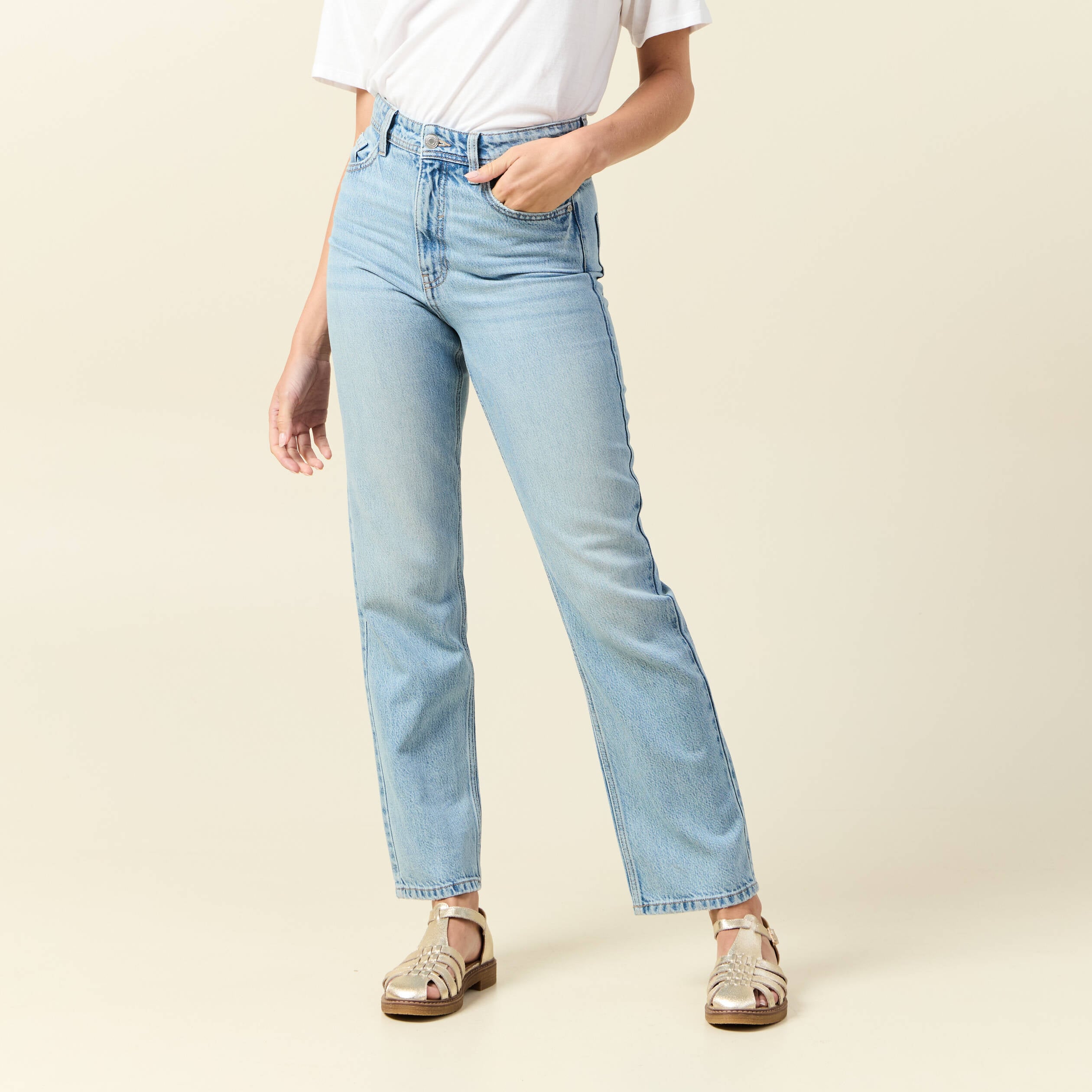 Jeans straight taille haute 7/8&egrave;me denim baby bleu femme
