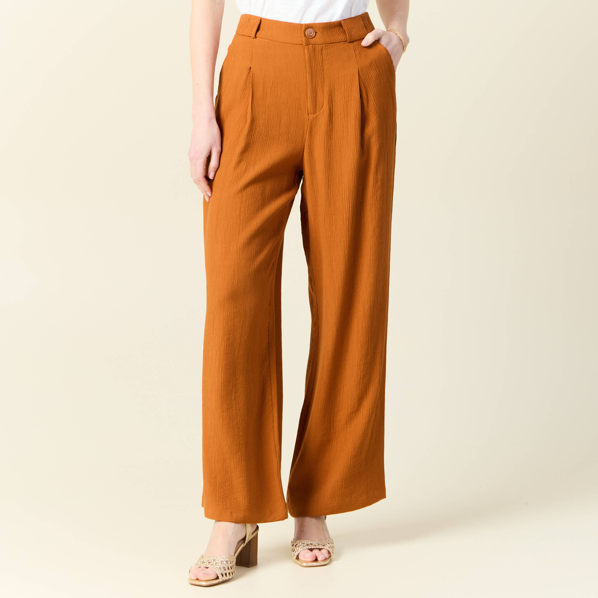 Pantalon large fluide marron femme