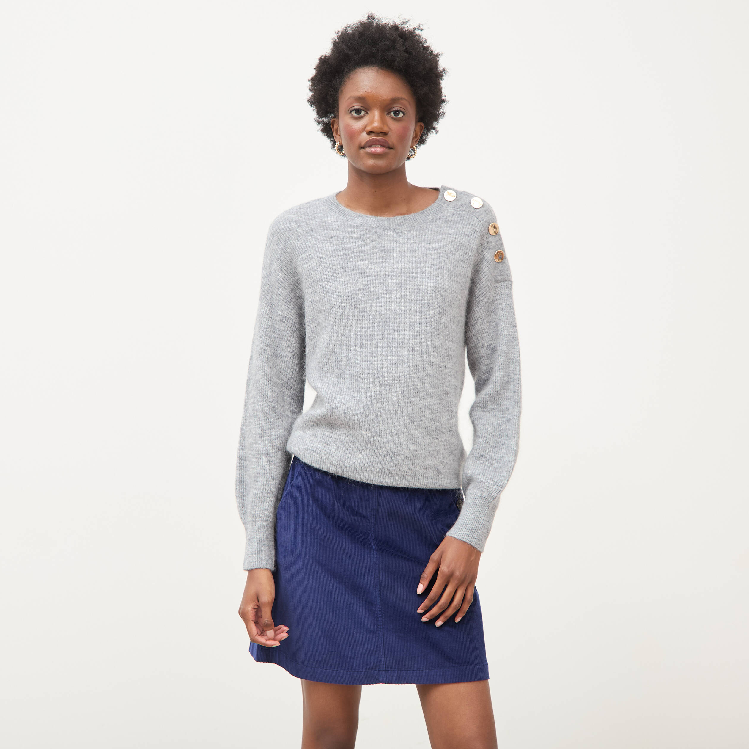 Pull droit col rond manches longues gris femme
