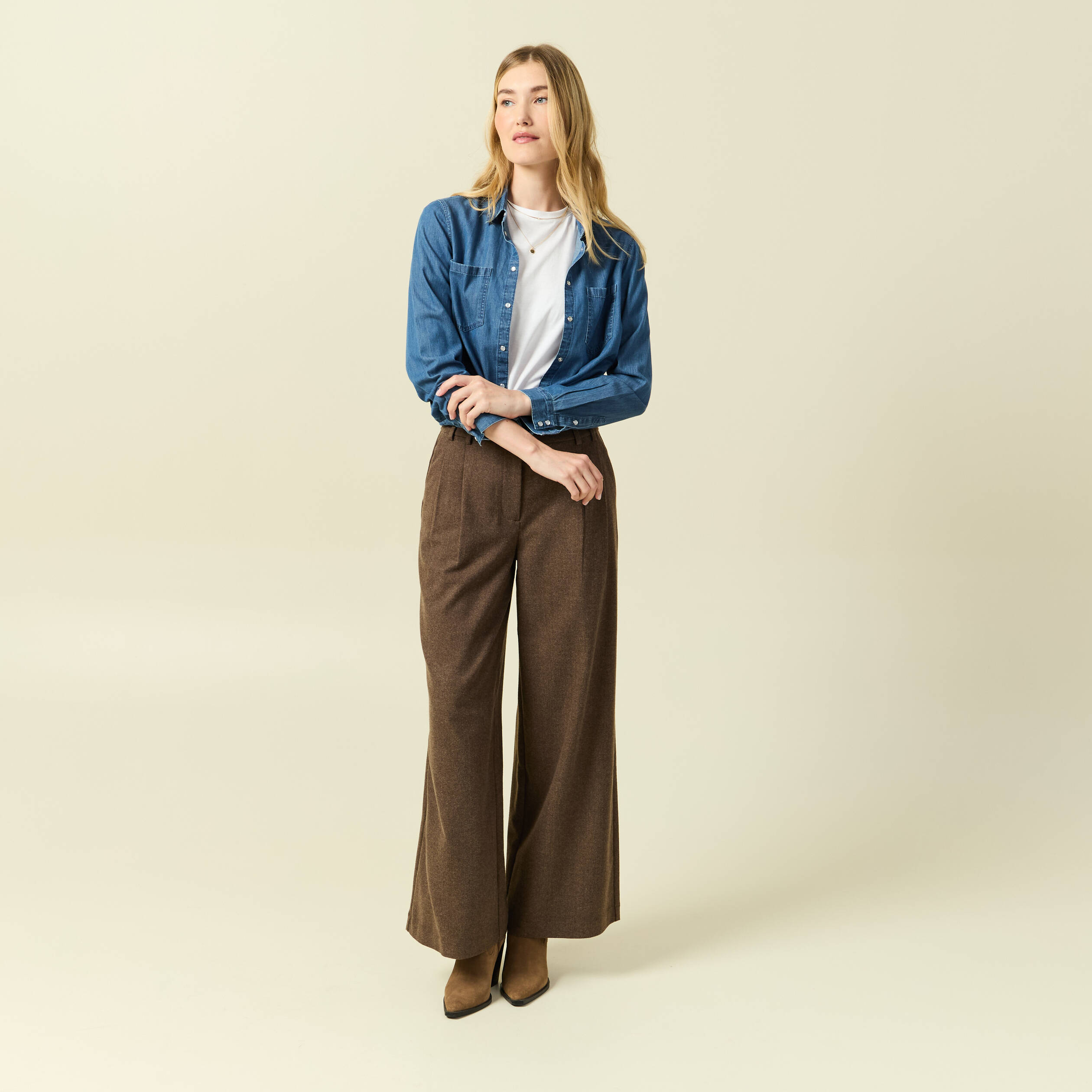 Pantalon large taille haute marron fonc&eacute; femme