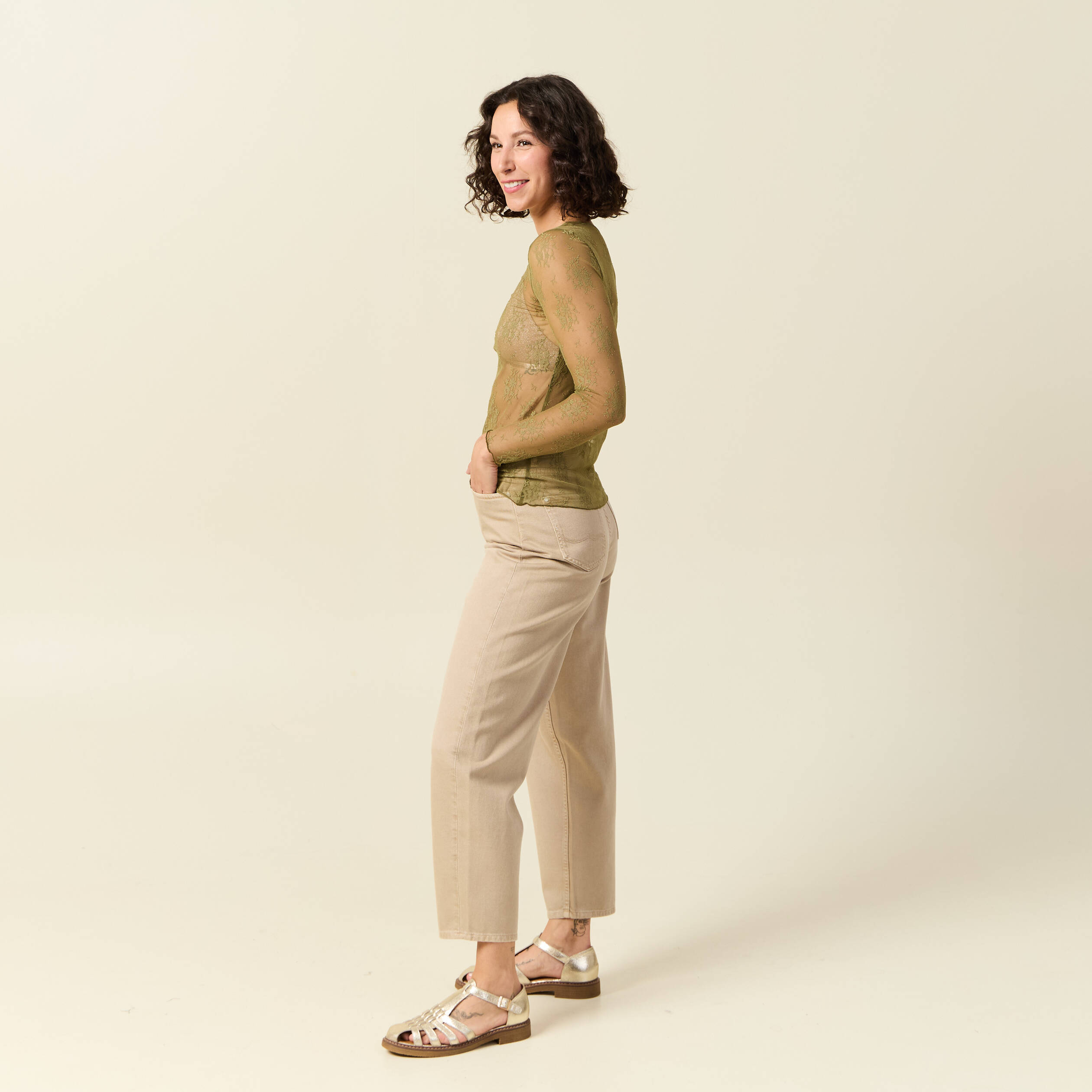 T-shirt ajust&eacute; manches longues col rond vert kaki femme