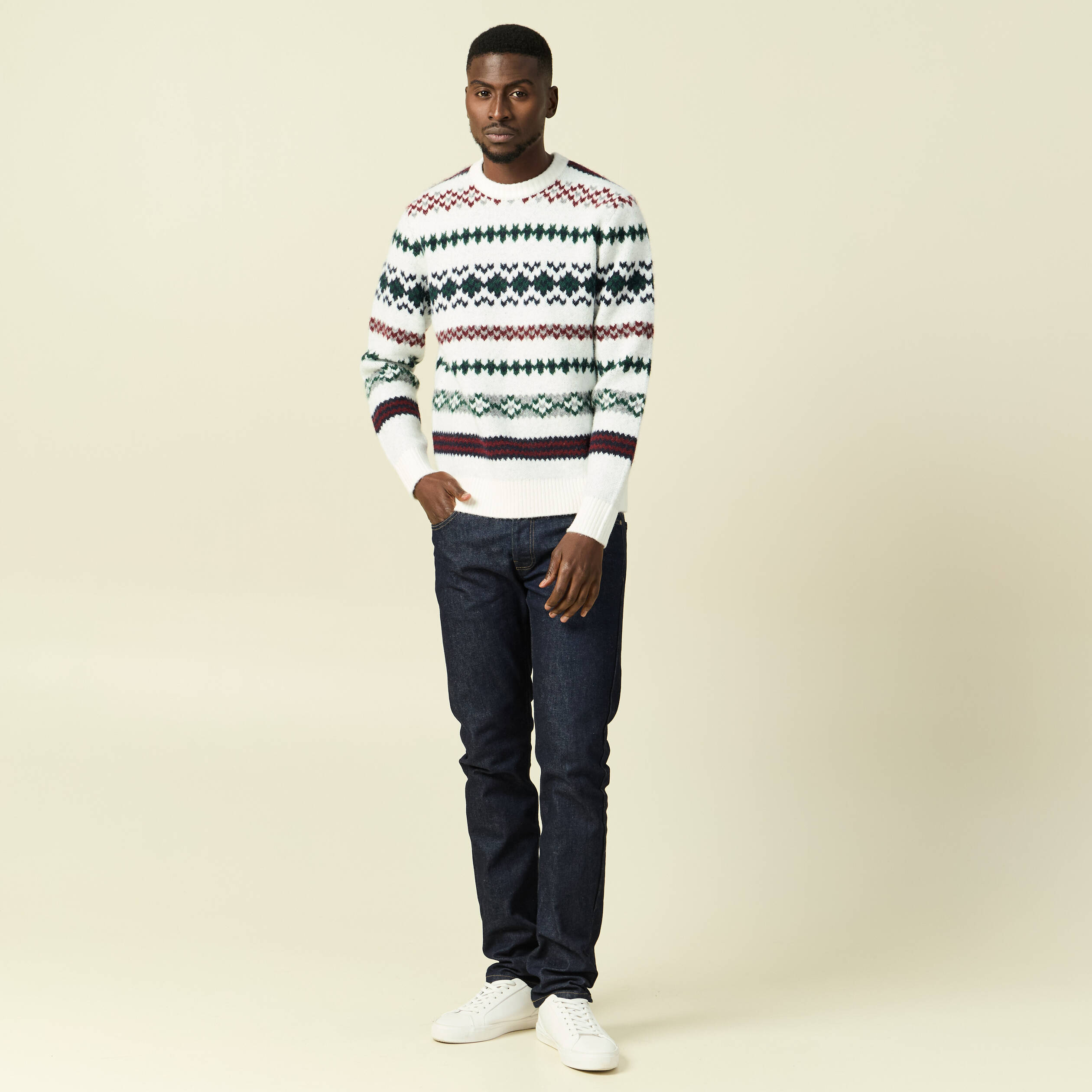 Pull manches longues col rond ecru homme