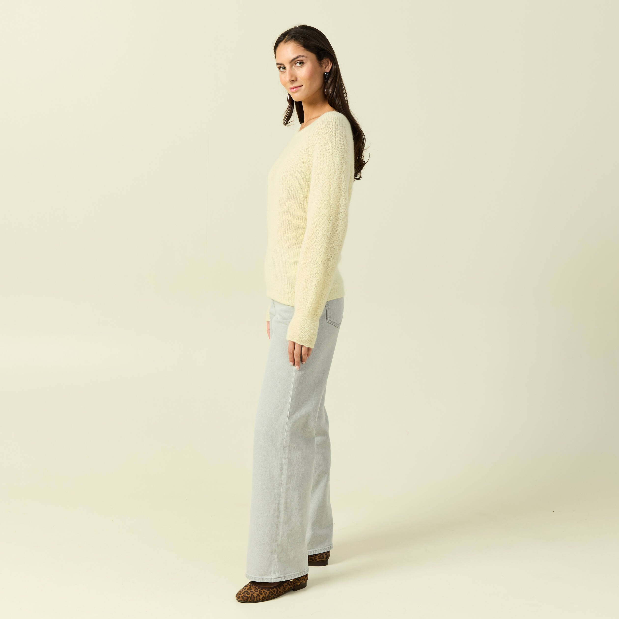 Pull manches longues col rond jaune femme