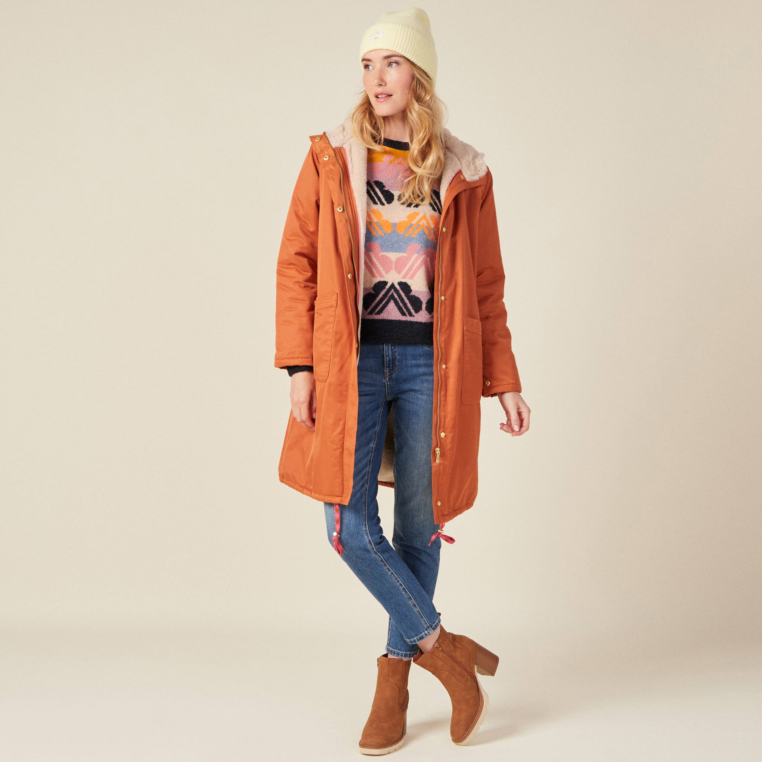 Parka droite à capuche doublée orange foncé femme