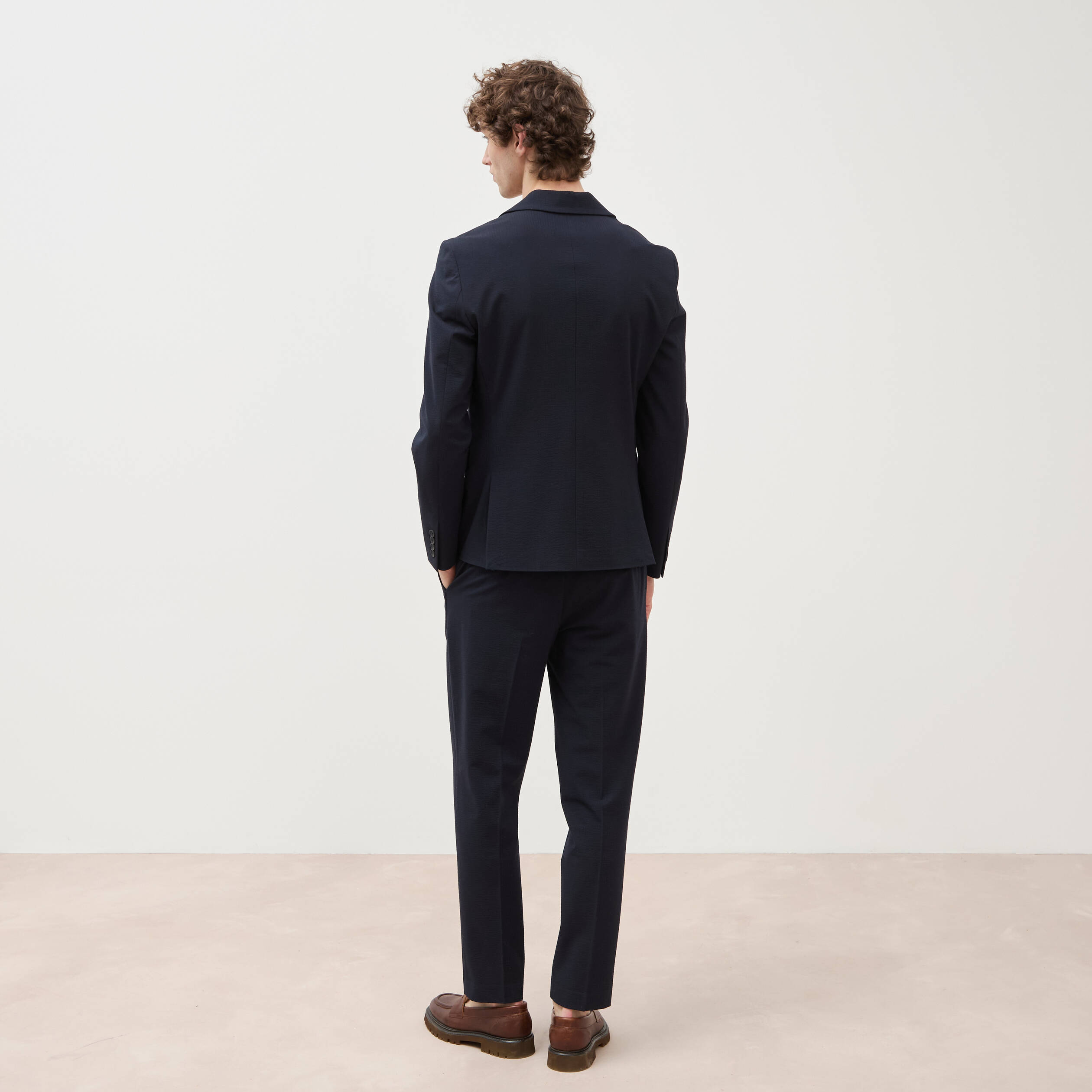 Blazer cintr&eacute; manches longues doubl&eacute; bleu marine homme